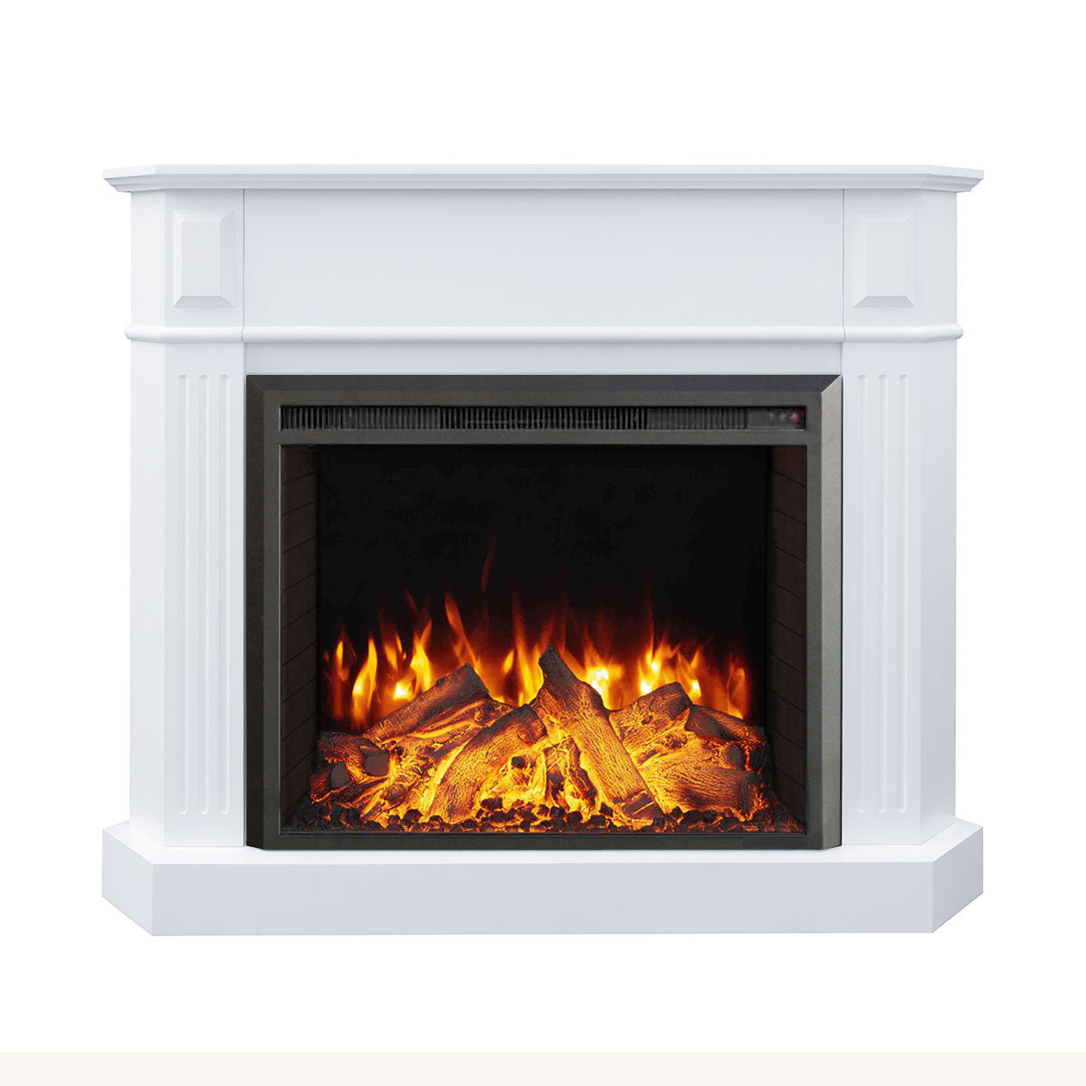 Rene White Corner Mantel Electric Fireplace Suite with 30" Starlight Insert