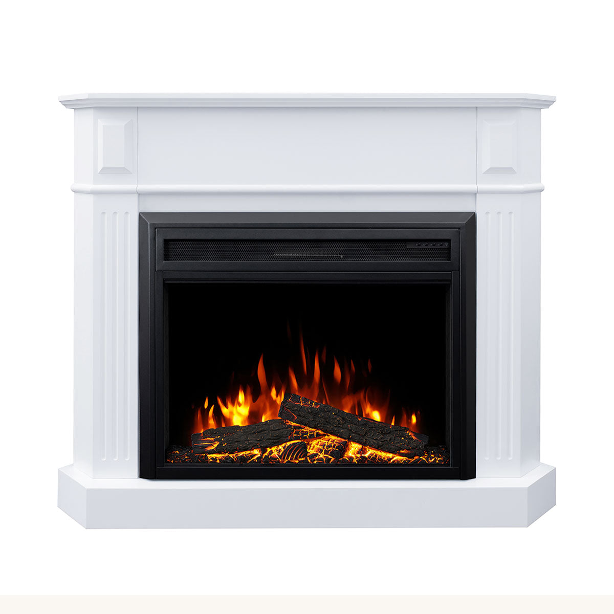 Rene White Corner Mantel Electric Fireplace Suite with 30" Moonlight Insert