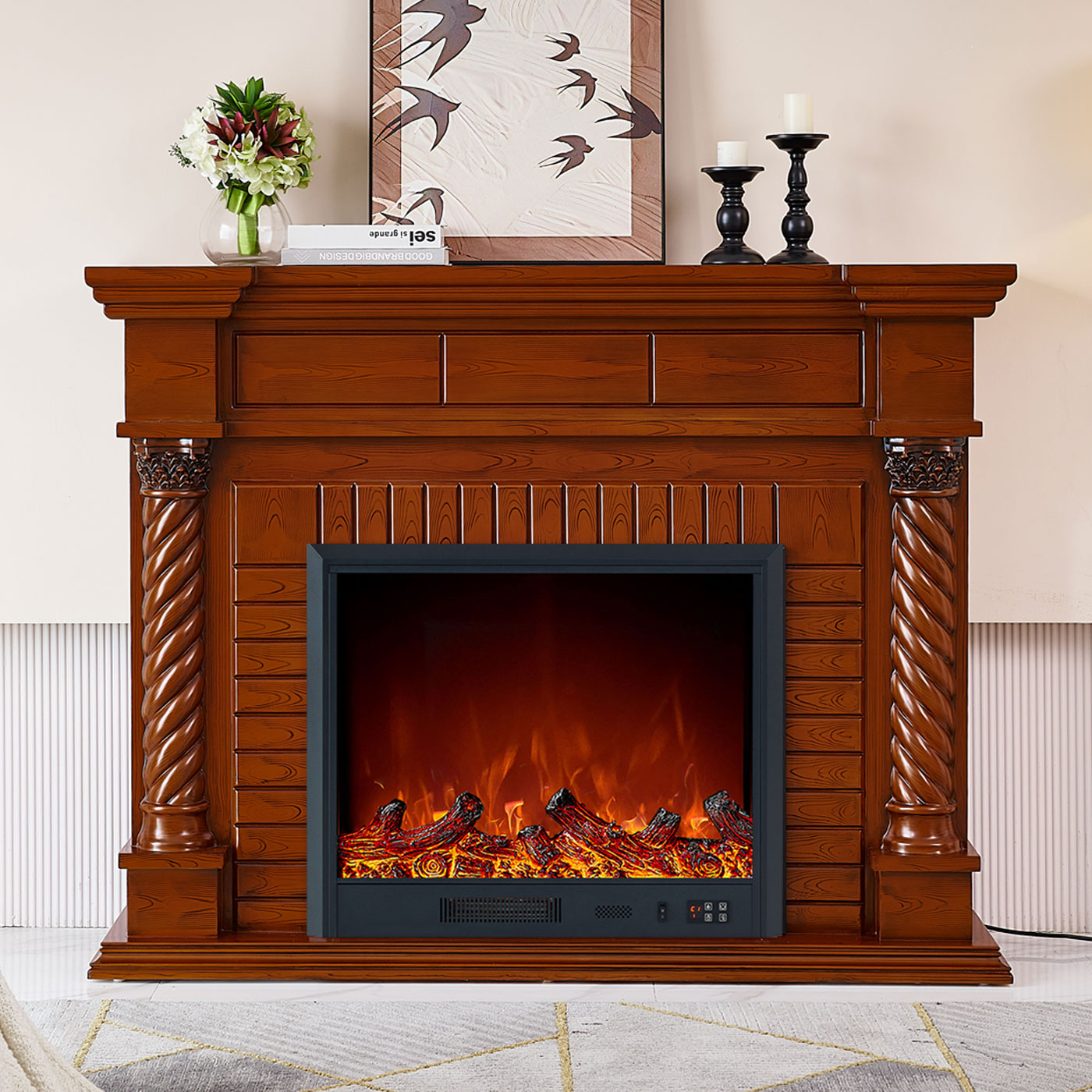 Lorient Electric Fireplace Heater Brown Mantel Suite - Smartphone Cont ...