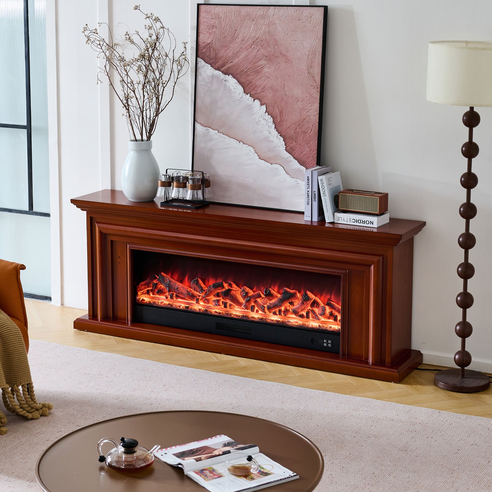 Verona 50" Wide Electric Fireplace Heater Brown Mantel Suite - Smartphone Control