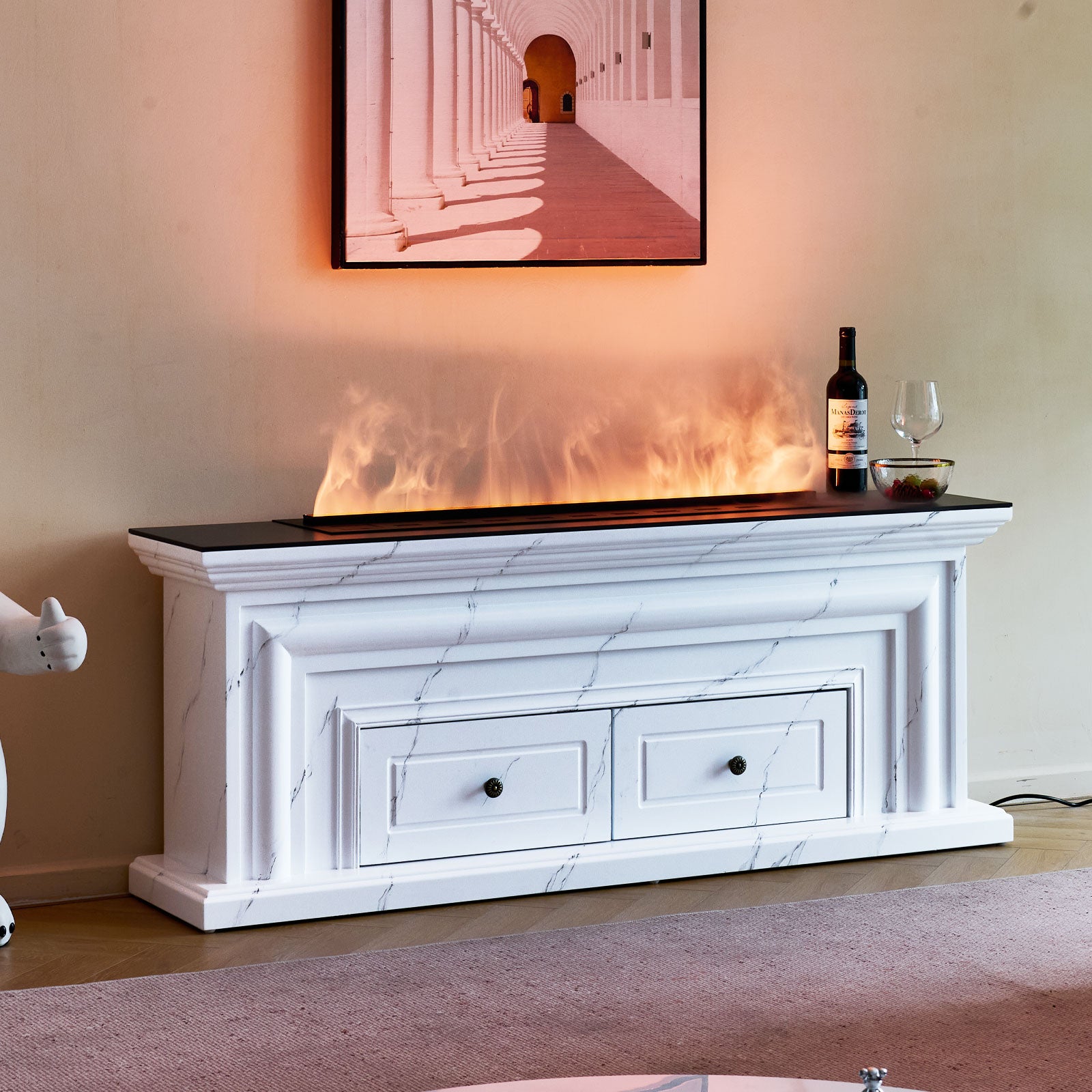 Cavallo White Marble Veneer with Water Vapour Electric Fireplace Mantel Suite – Smartphone Control