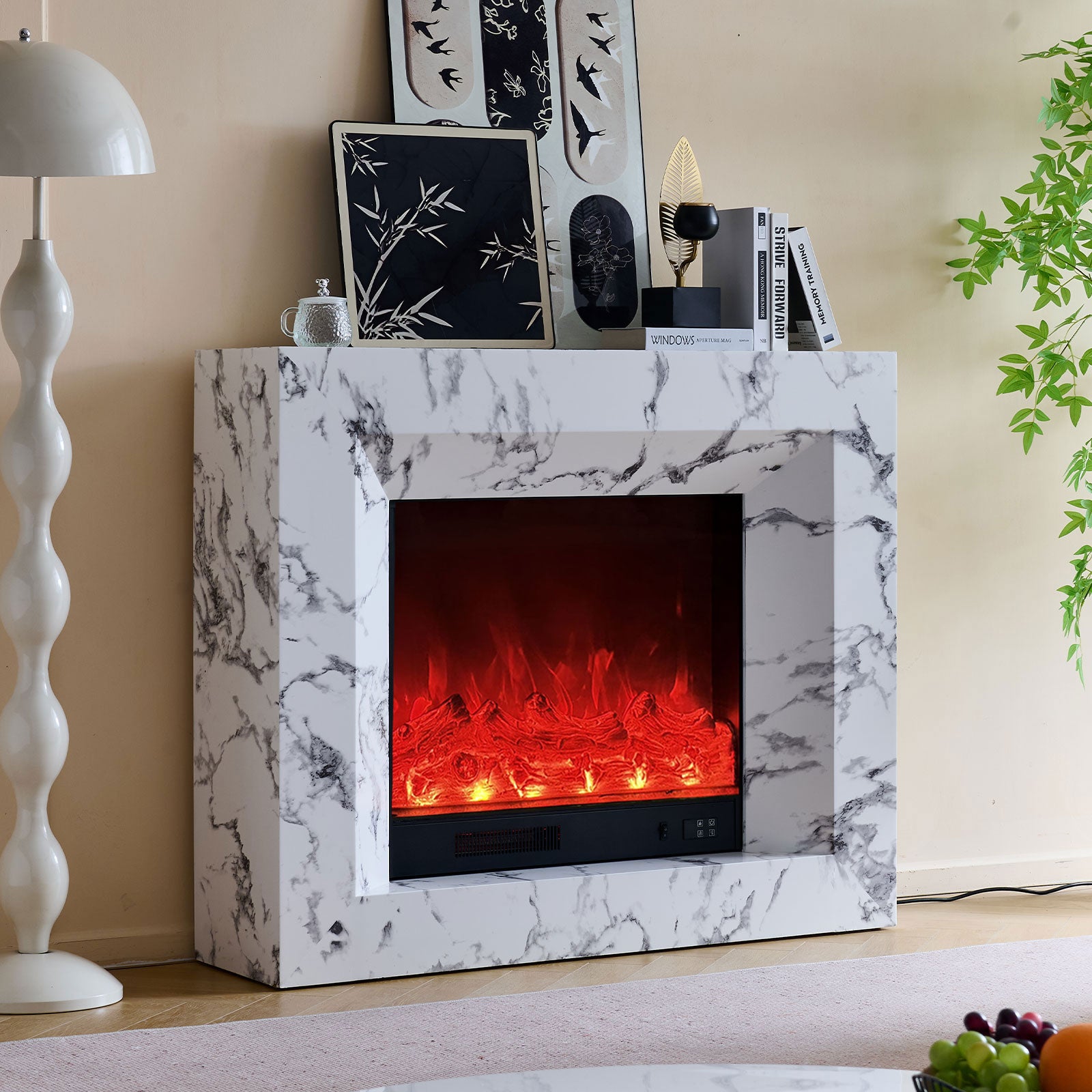 Madison 30" Electric Fireplace Heater Mantel Suite with Marble Veneer - Smartphone Control
