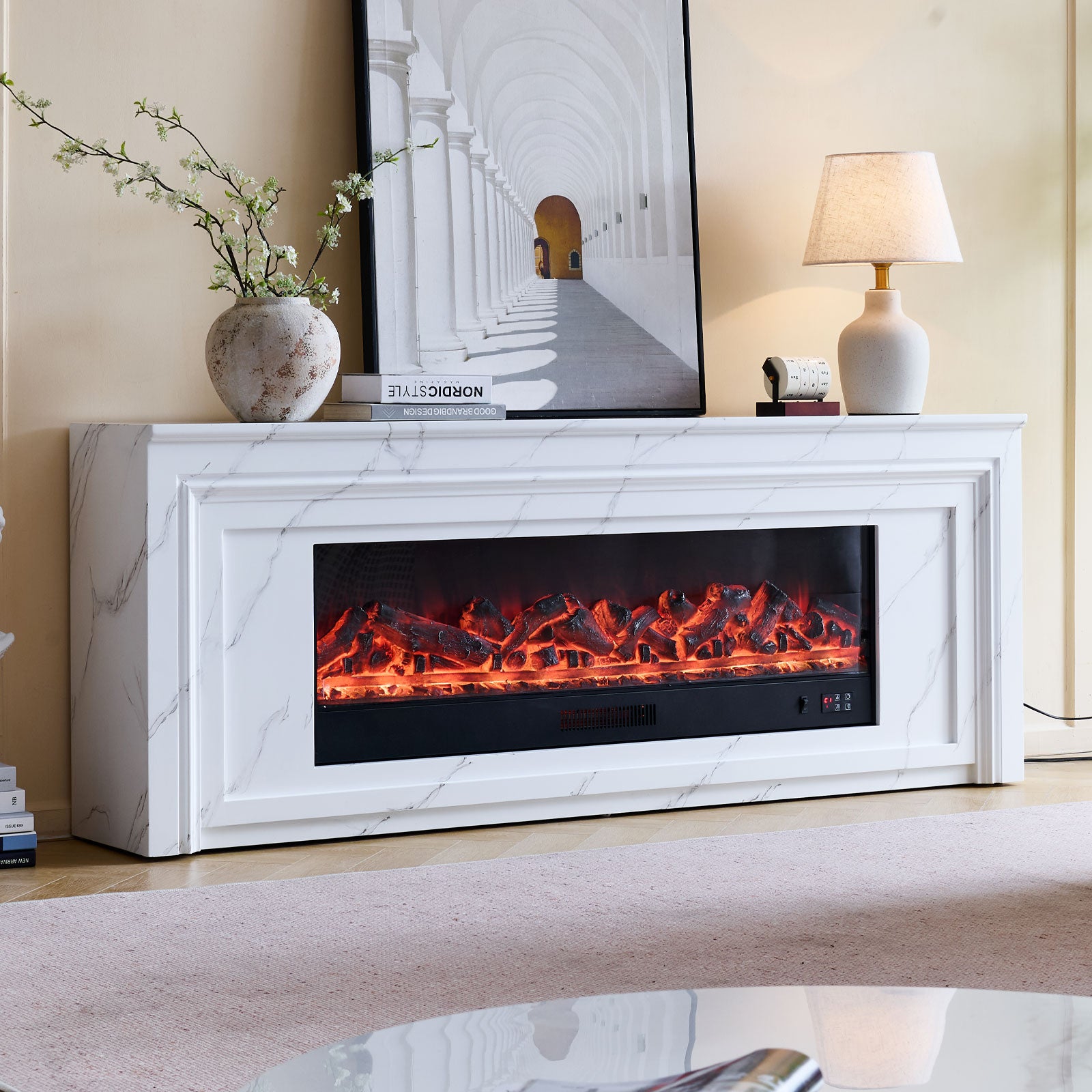 Valence 50" Wide Electric Fireplace Heater White Mantel Suite with Marble Veneer - Smartphone Control