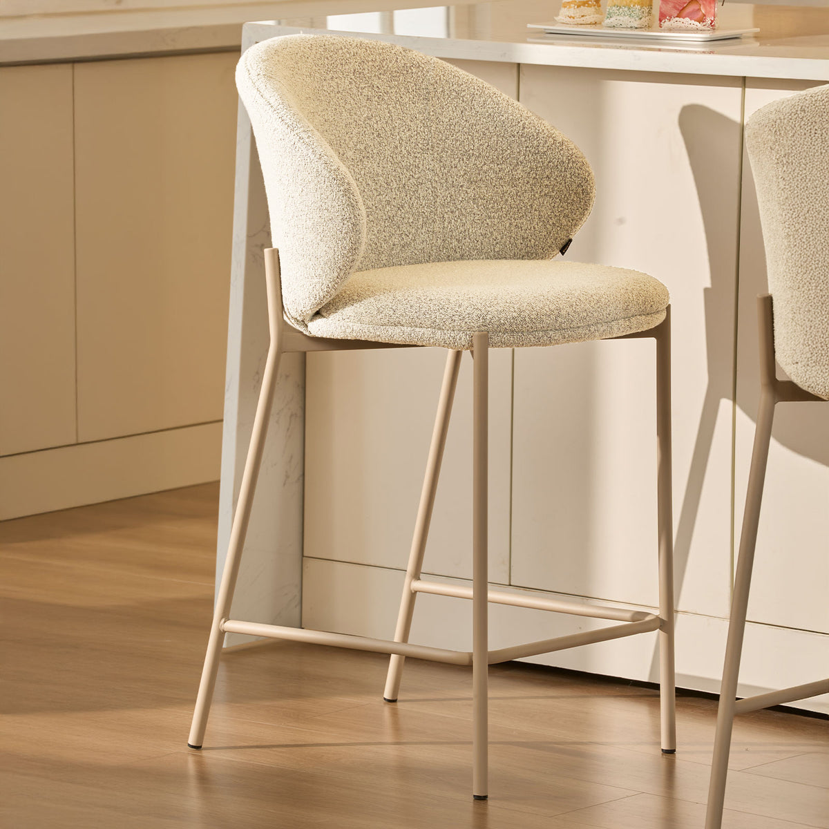 Vesper Beige Metal Frame Upholstered Bar Stool – Light Grey Fabric (Set of 2)