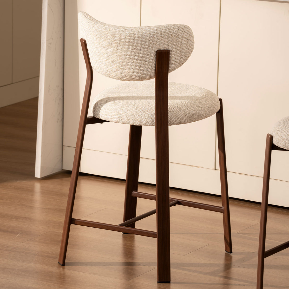 Nomi Walnut Look Upholstered Bar Stool – Beige Fabric (Set of 2)