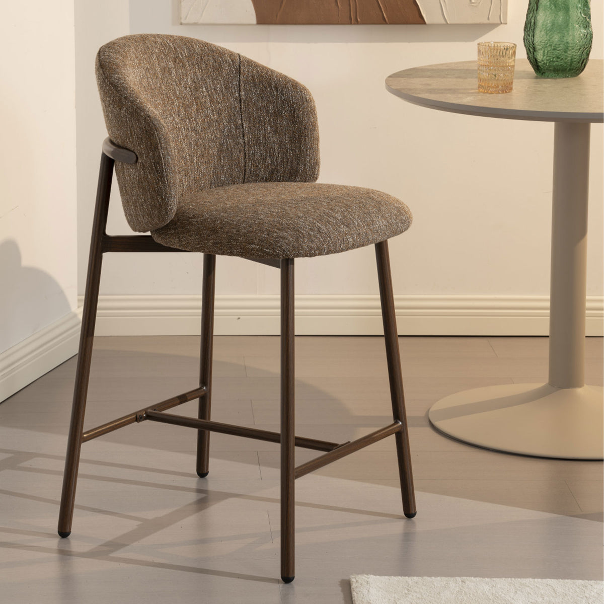 Runa Dark Walnut Look Upholstered Bar Stool – Brown Fabric (Set of 2)