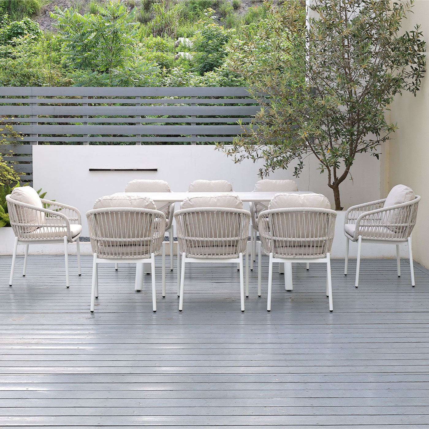 Bali 9-Piece White Aluminium Outdoor Dining Set - Beige Rope and Cushion