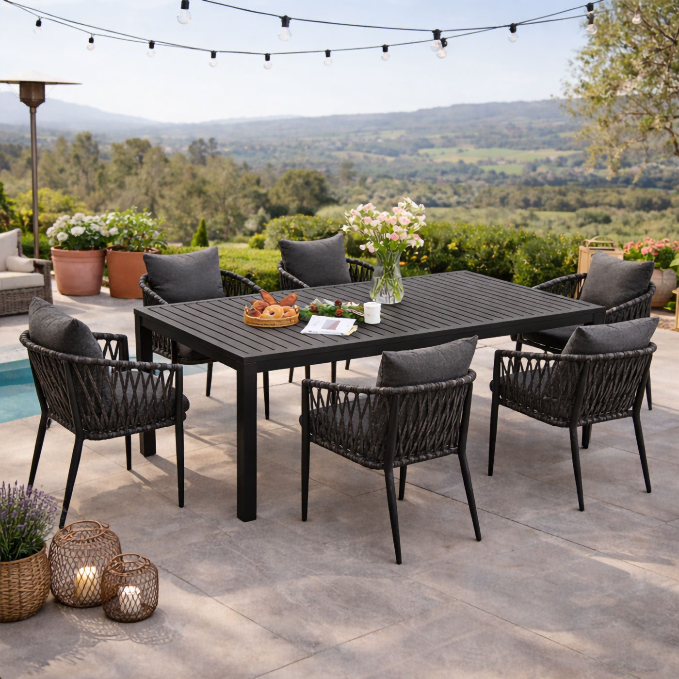 La Perouse 7-Piece Charcoal Aluminium Outdoor Dining Set with Morningt ...