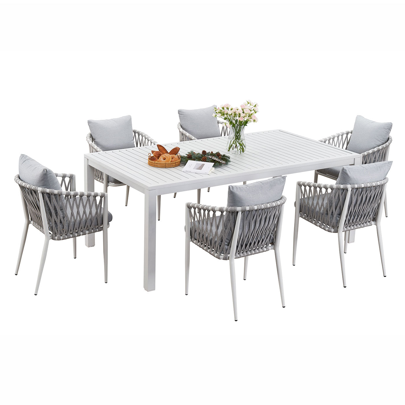 La Perouse 7-Piece White Aluminium Outdoor Dining Set with Mornington Chairs