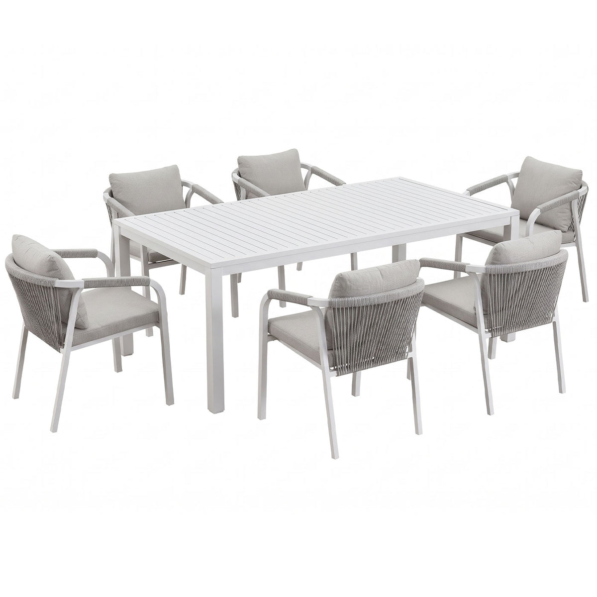 La Perouse 7-Piece White Aluminium Outdoor Dining Set - Light Grey Cushion