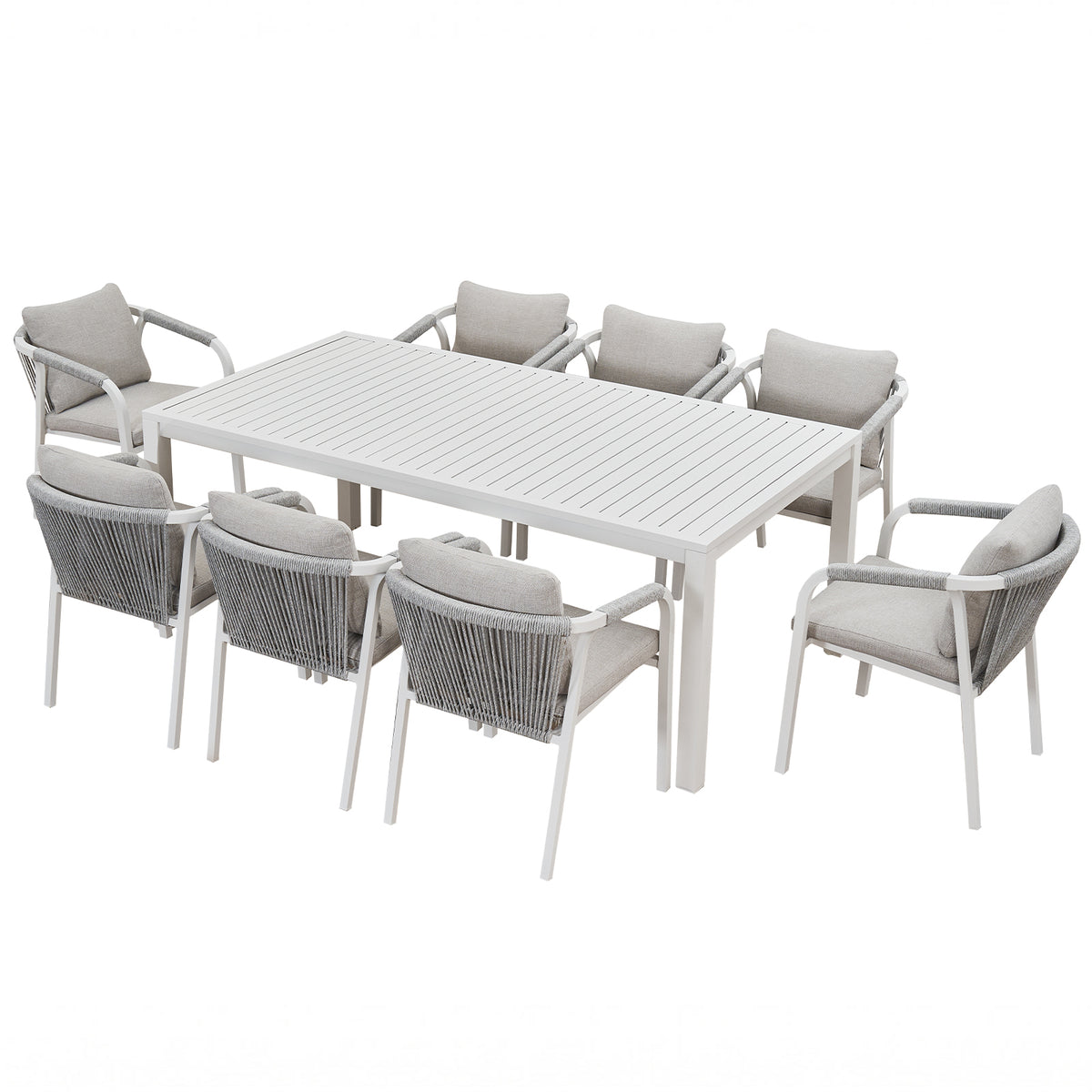 La Perouse 9-Piece White Aluminium Outdoor Dining Set - Light Grey Cushion