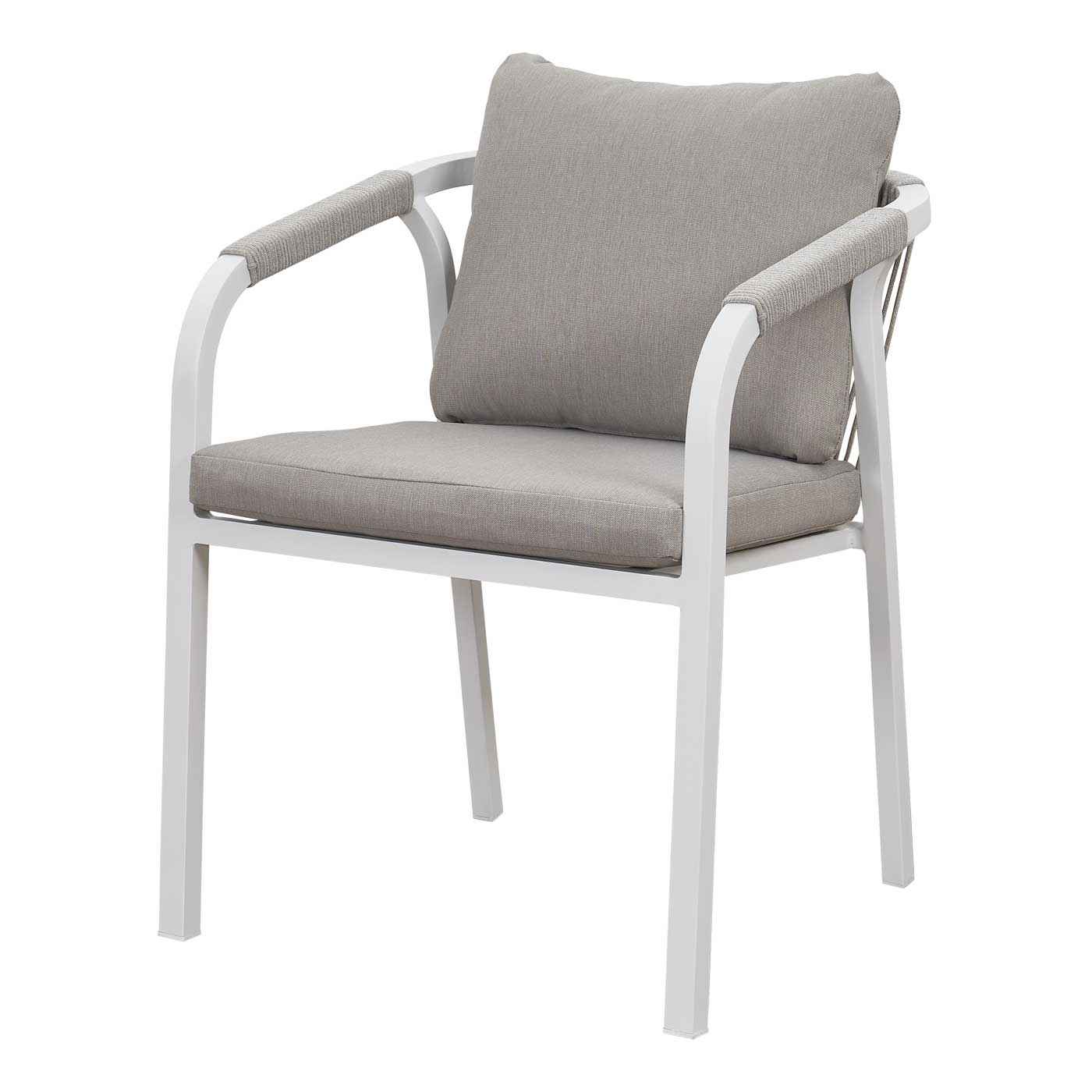 La Perouse White Aluminium Outdoor Dining Chairs with Arms - Beige Cushions (Set of 2)