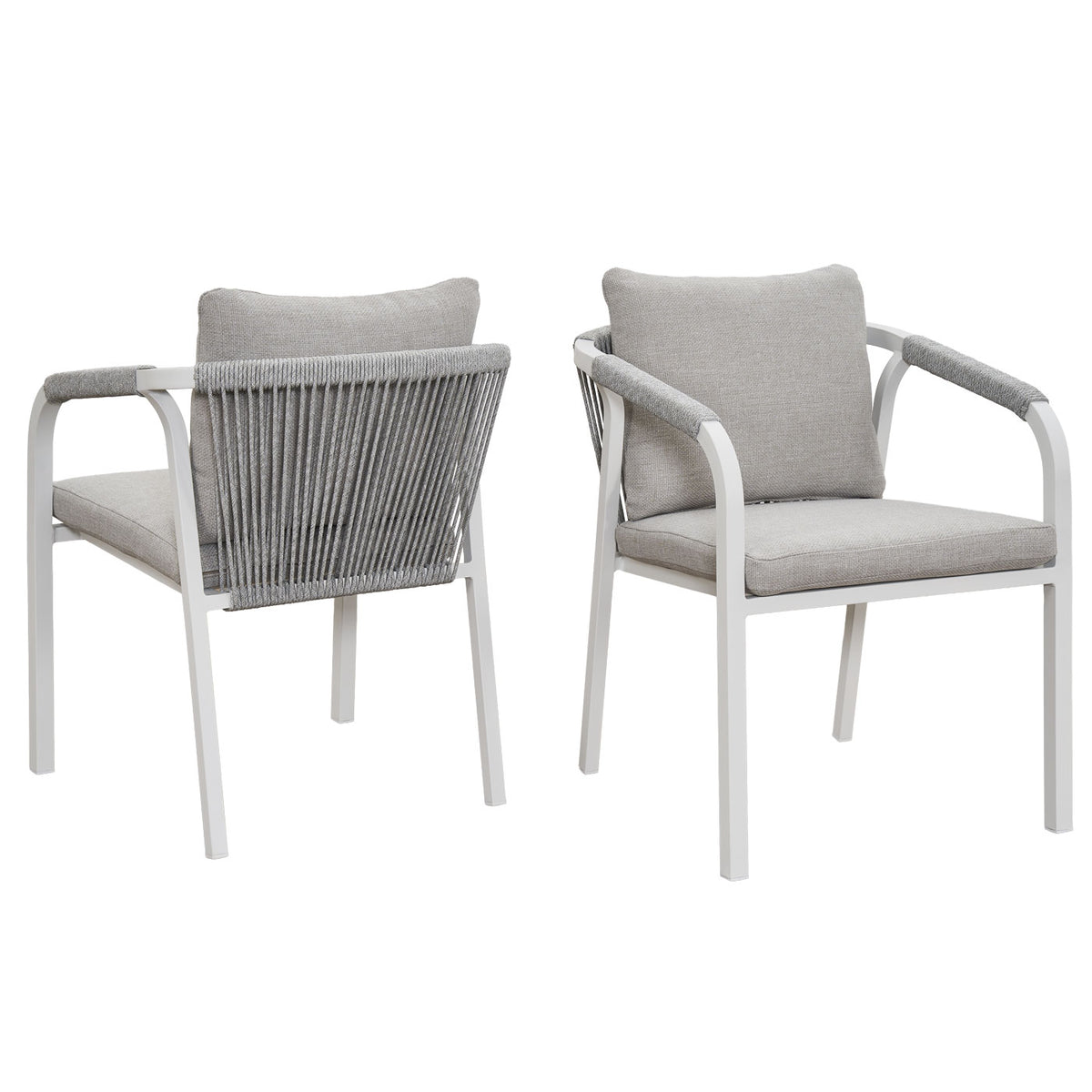 La Perouse White Aluminium Outdoor Dining Chairs with Arms - Light Grey Cushions (Set of 2)
