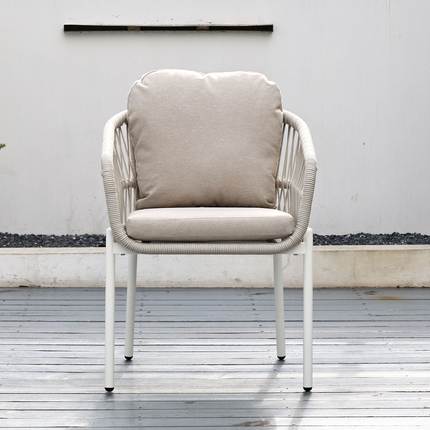 Bali White Aluminium Outdoor Dining Chairs with Arms - Beige Rope and Cushion (Set of 2)