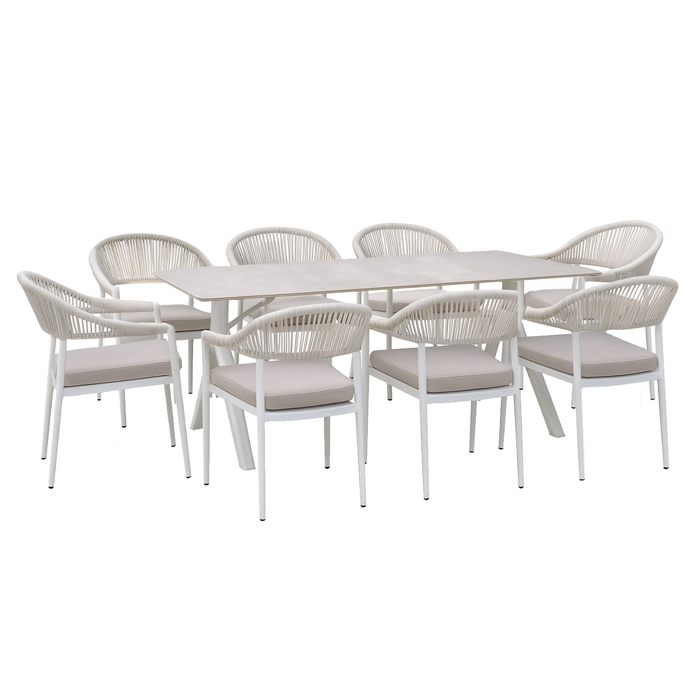 Fraser 9-Piece White Aluminium Outdoor Dining Set - Beige Rope and Cushion