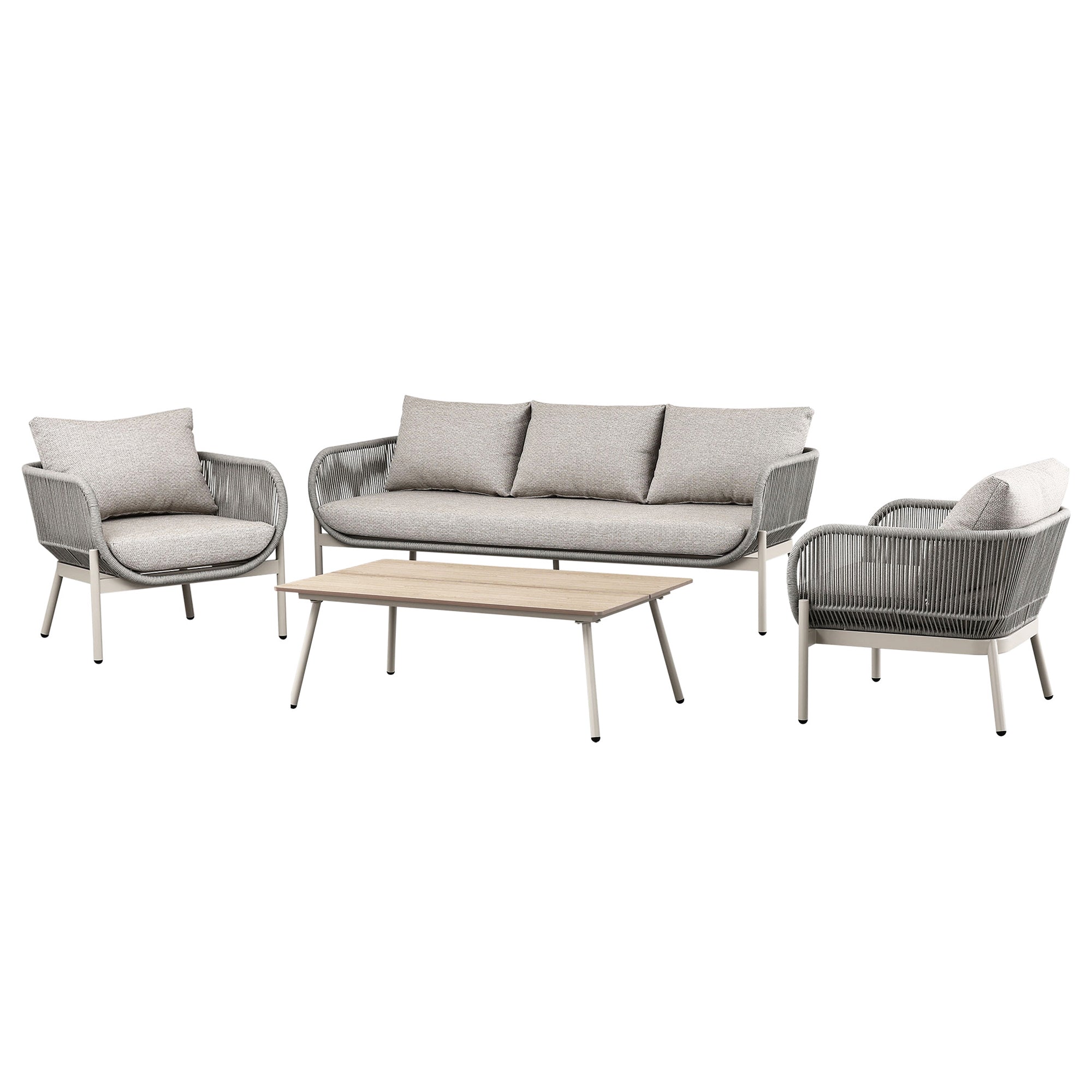 Monaco 5 Seater Champagne Aluminium Sofa Lounge Set - Light Beige Cushions