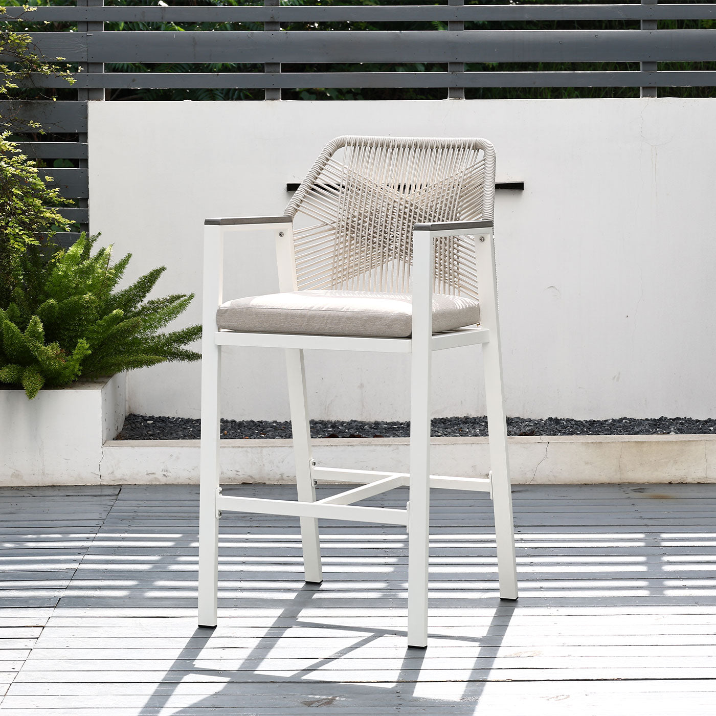 Brighton White Aluminium Outdoor Rope Bar Stool with Polywood Armrests (Set of 2)