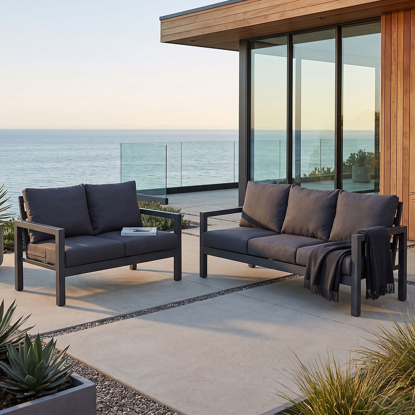 Manly 3+2 Seate Charcoal Aluminium Sofa Lounge - Dark Grey Cushions