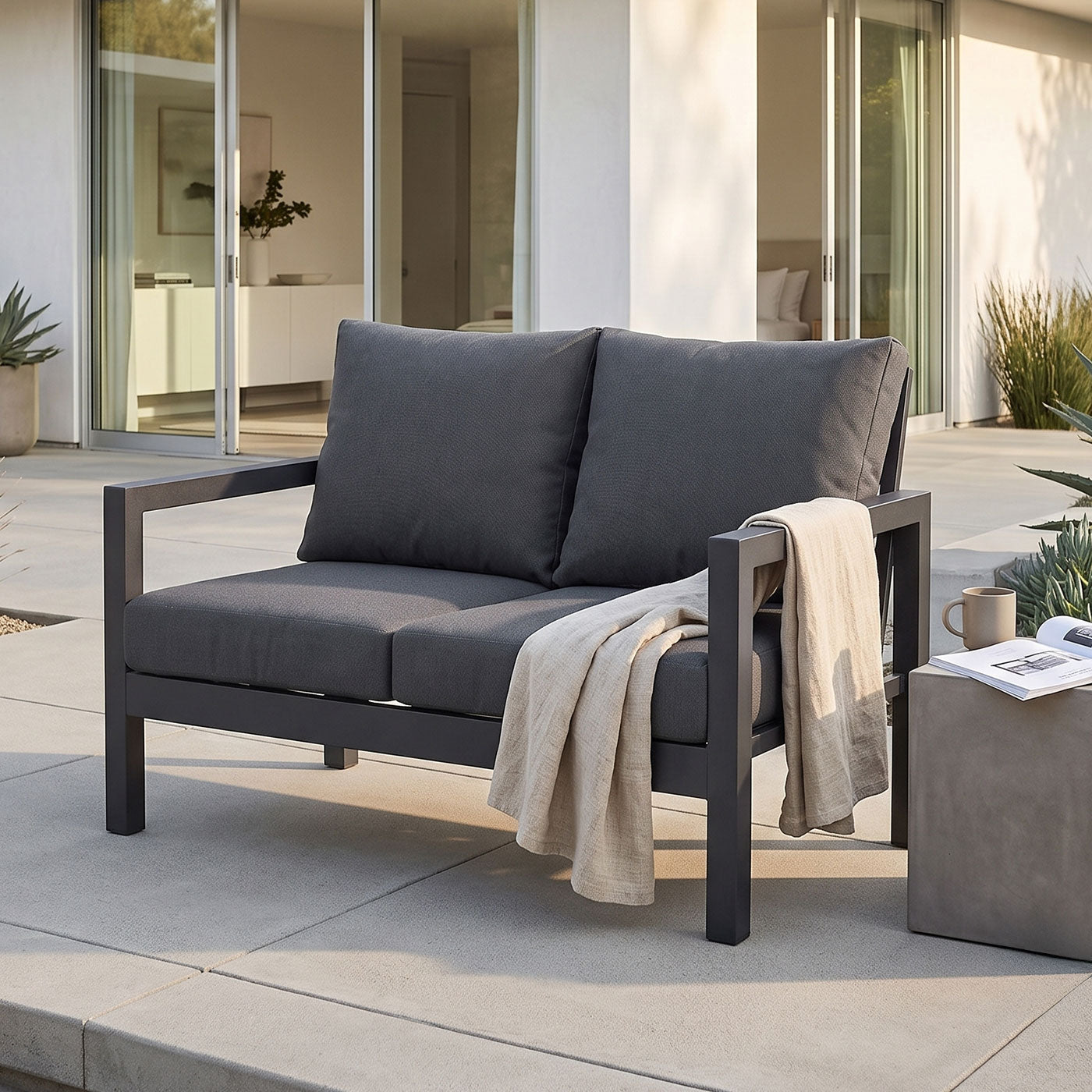 Manly 2 Seater Charcoal Aluminium Outdoor Sofa Lounge - Dark Grey Cushions