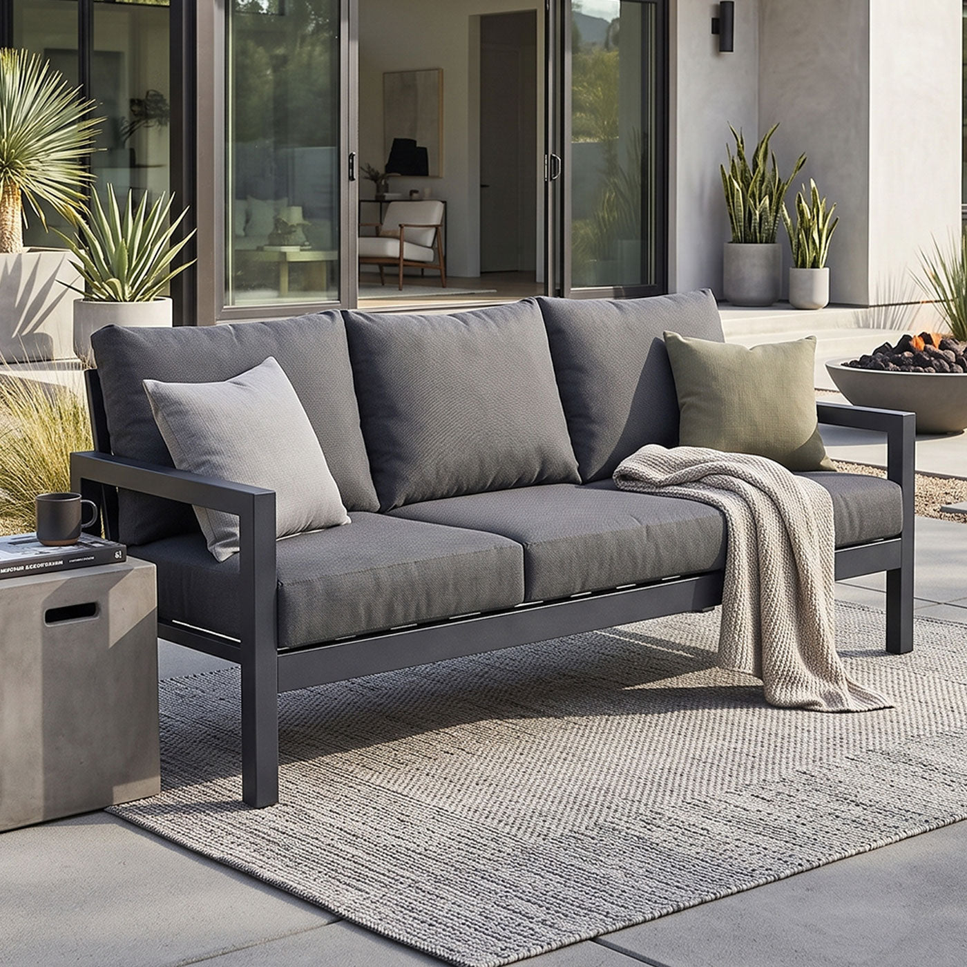 Manly 3 Seater Charcoal Aluminium Outdoor Sofa Lounge - Dark Grey Cushions