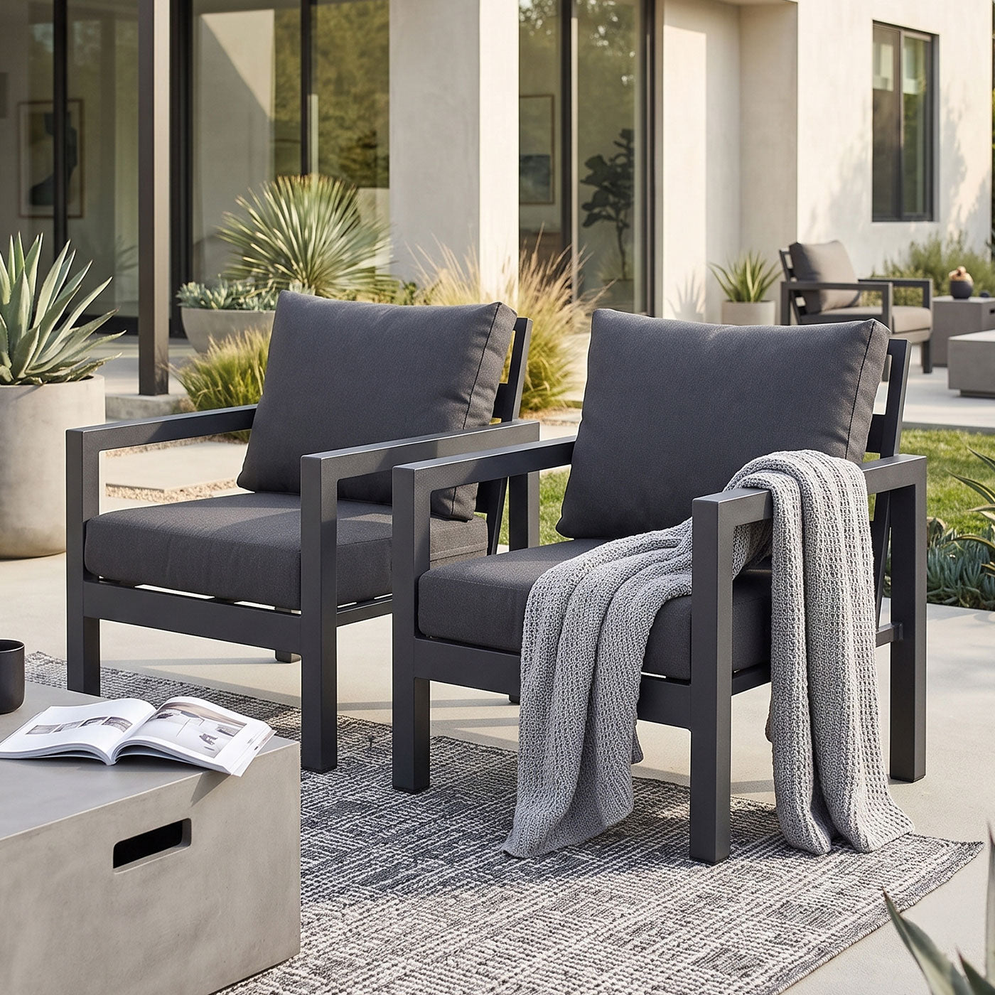 Manly Single Seater Charcoal Aluminium Outdoor Sofa Lounge - Dark Grey Cushions (Set of 2)