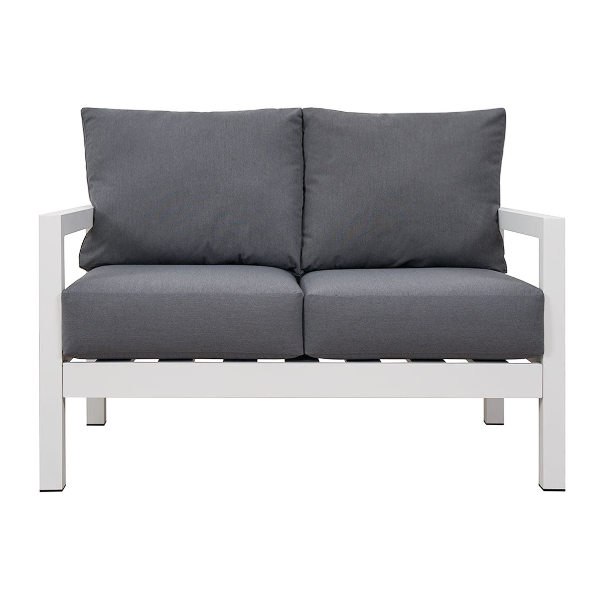 Coogee 2 Seater White Aluminium Outdoor Sofa Lounge with Arms - Grey Cushion