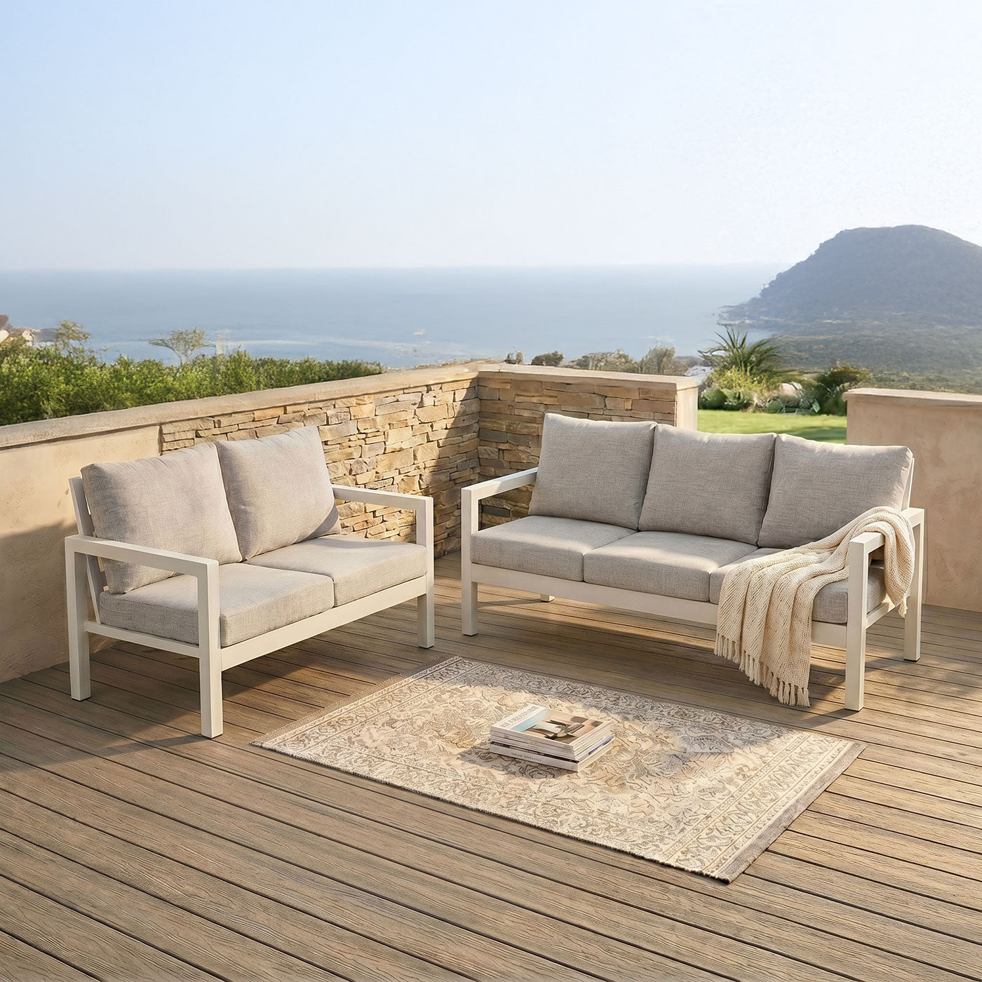 Manly 3+2 Seater White Aluminium Sofa Lounge - Light Textured Grey Cushion