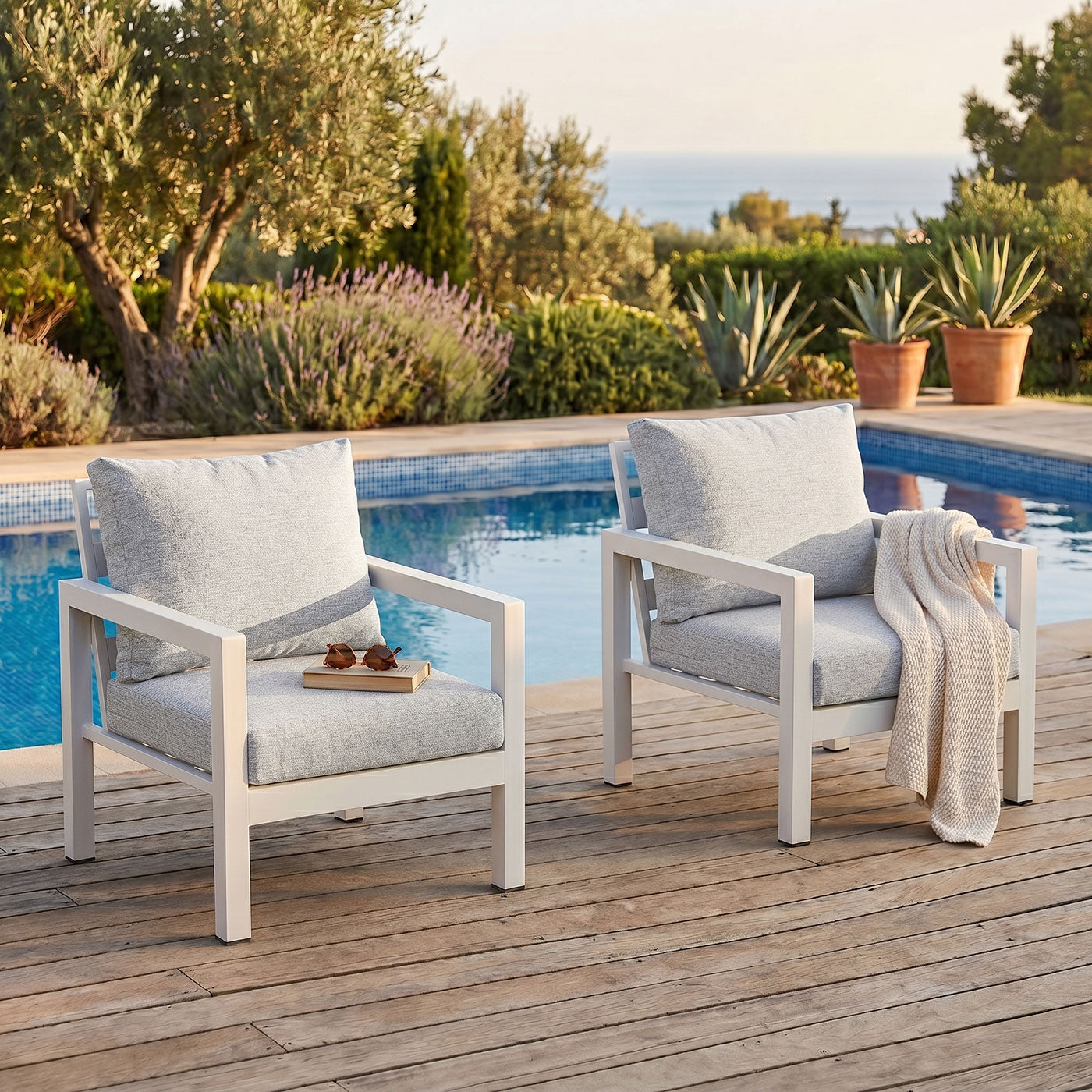Manly Single Seater White Aluminium Outdoor Sofa Lounge - Textured Grey Cushions (Set of 2)