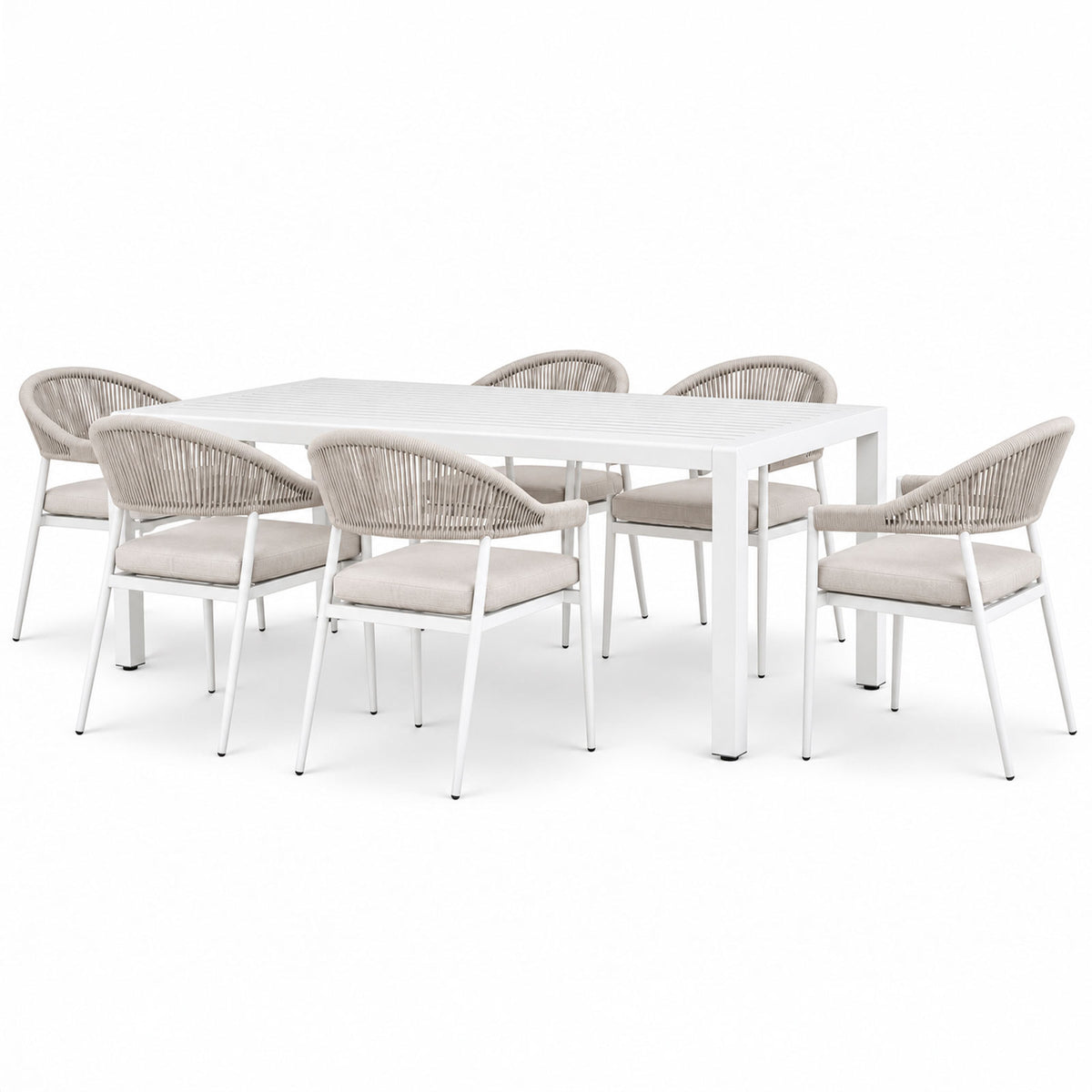 Clayton & Fraser 7-Piece White Aluminium Outdoor Dining Set - Beige Cushions