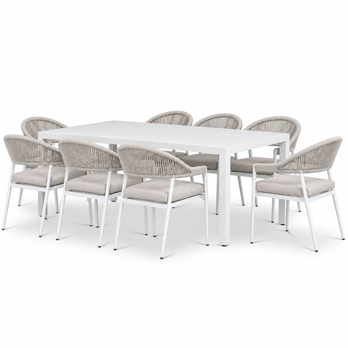 Clayton & Fraser 9-Piece White Aluminium Outdoor Dining Set - Beige Cushions