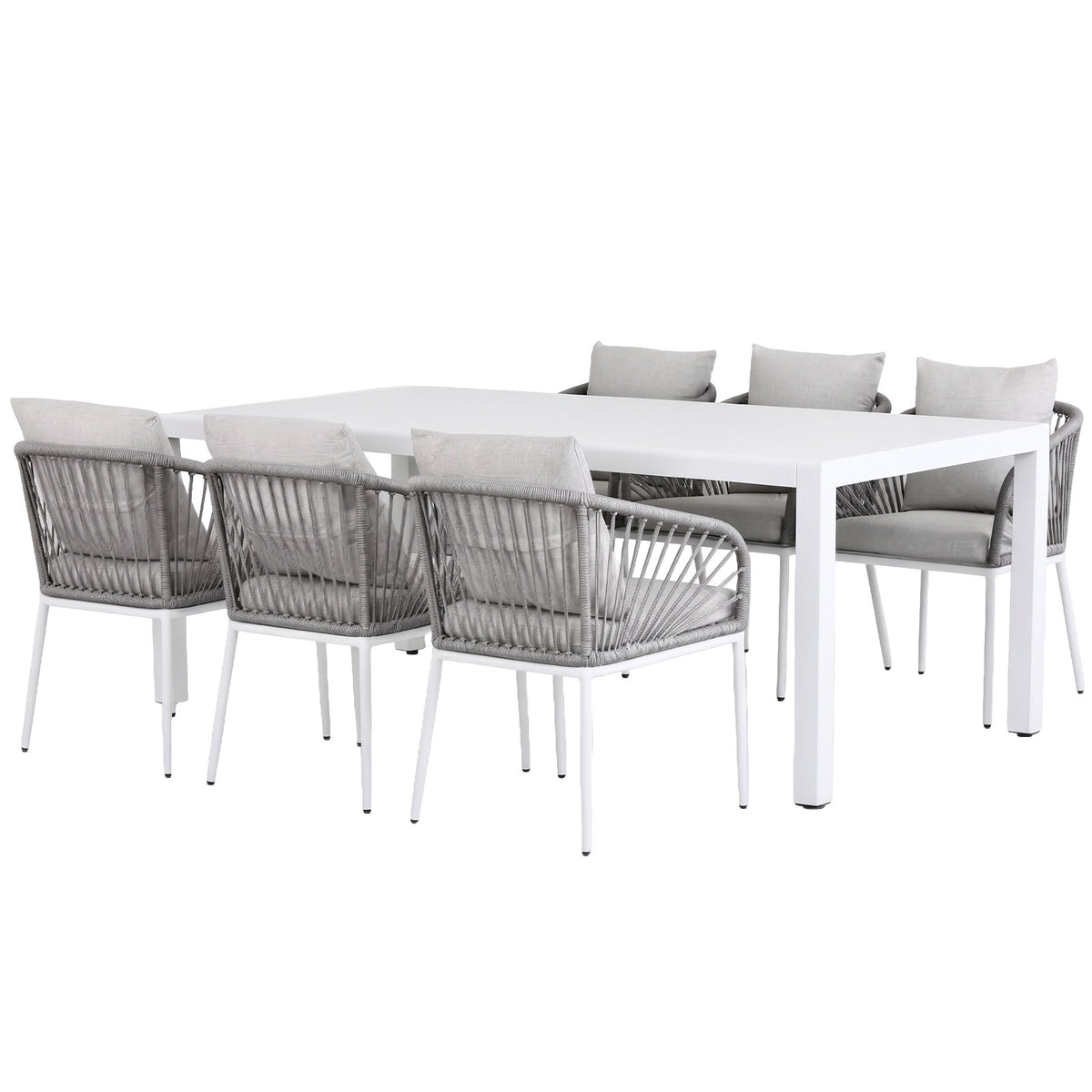 Clayton 7-Piece White Aluminium Outdoor Dining Set - Light Grey Cushions