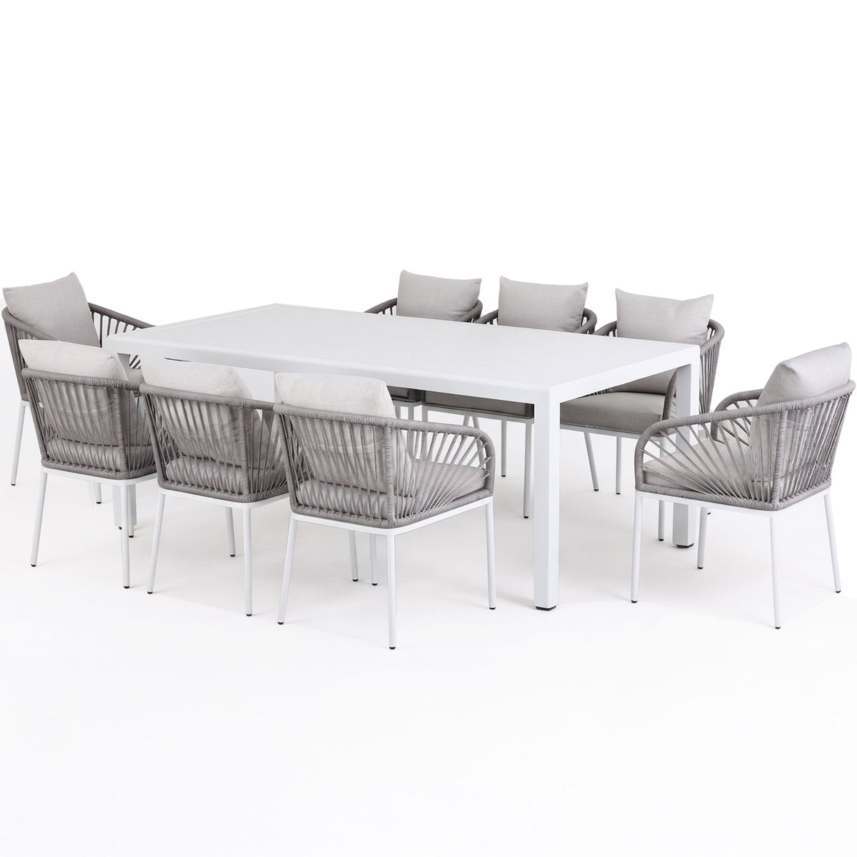 Clayton 9-Piece White Aluminium Outdoor Dining Set - Light Grey Cushions