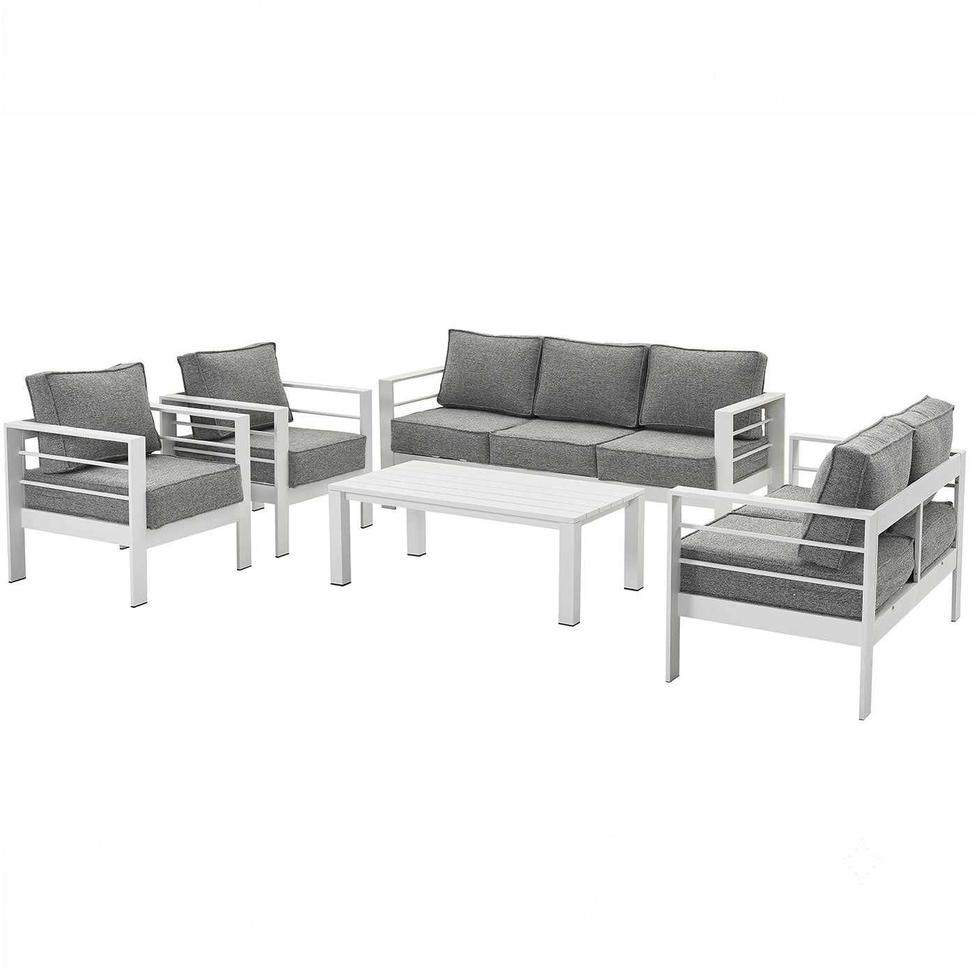 Paris 7 Seater White Aluminium Sofa Lounge Set - Textured Grey Cushions