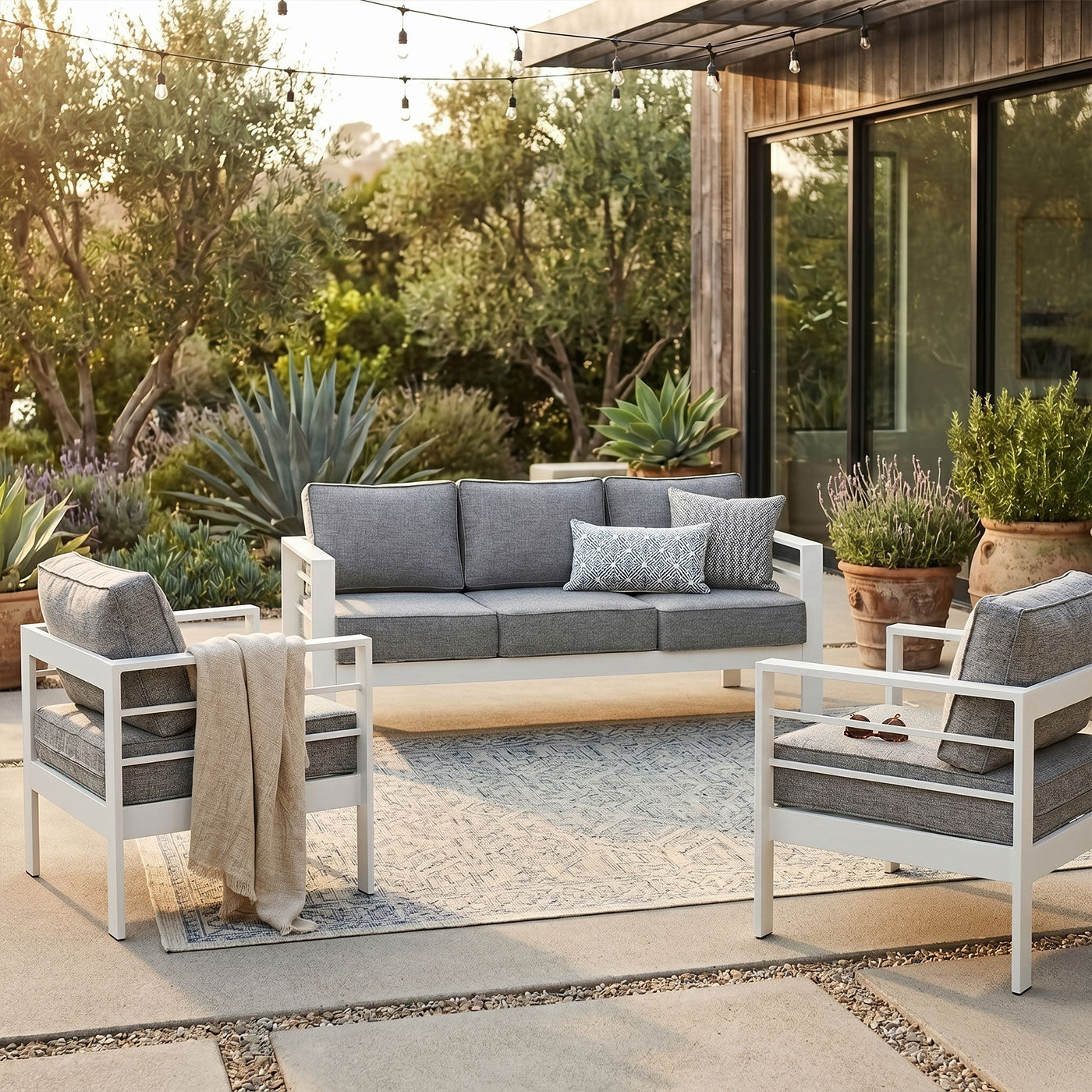 Paris 5 Seater White Aluminium Sofa Lounge - Textured Grey Cushions