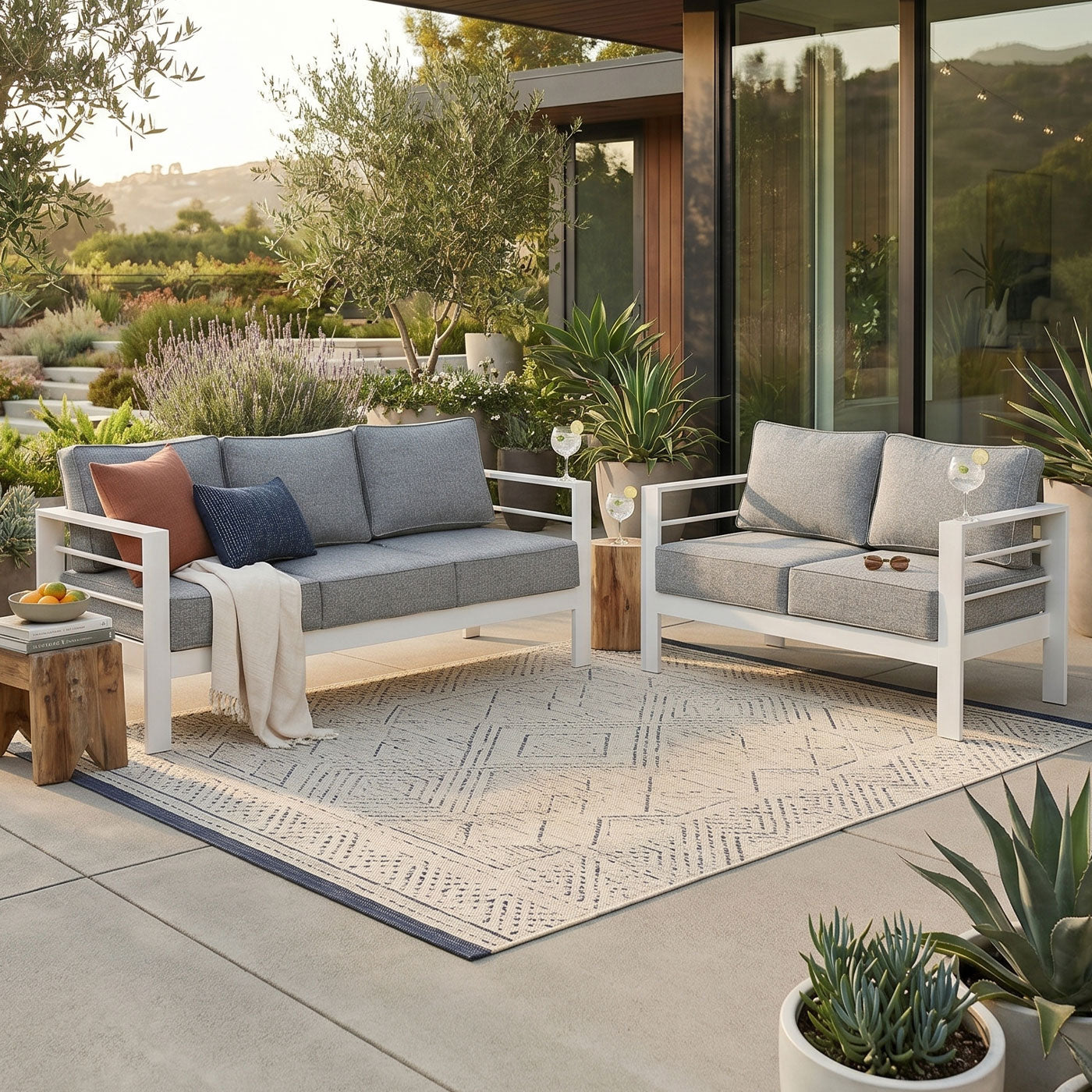 Paris 3+2 Seater White Aluminium Sofa Lounge - Textured Grey Cushions