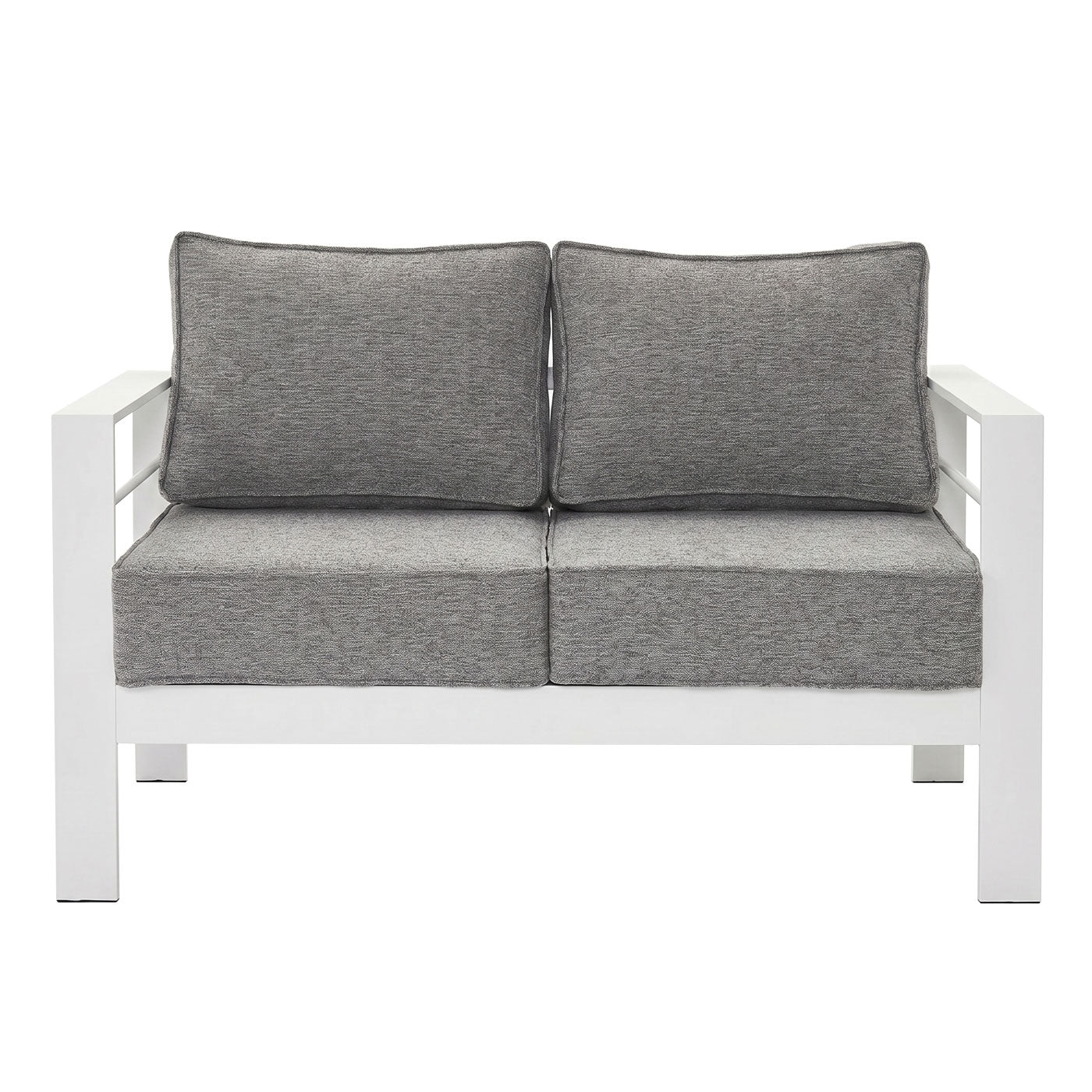 Paris 2 Seater White Aluminium Outdoor Sofa Lounge with Arms - Textured Grey Cushions