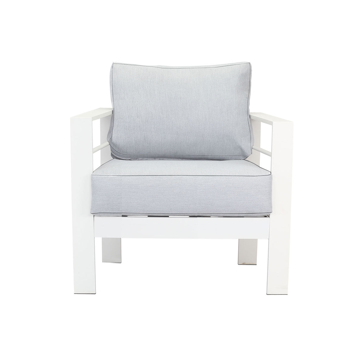 Paris Single Seater White Aluminium Outdoor Sofa Lounge with Arms - Light Grey Cushion (Set of 2)