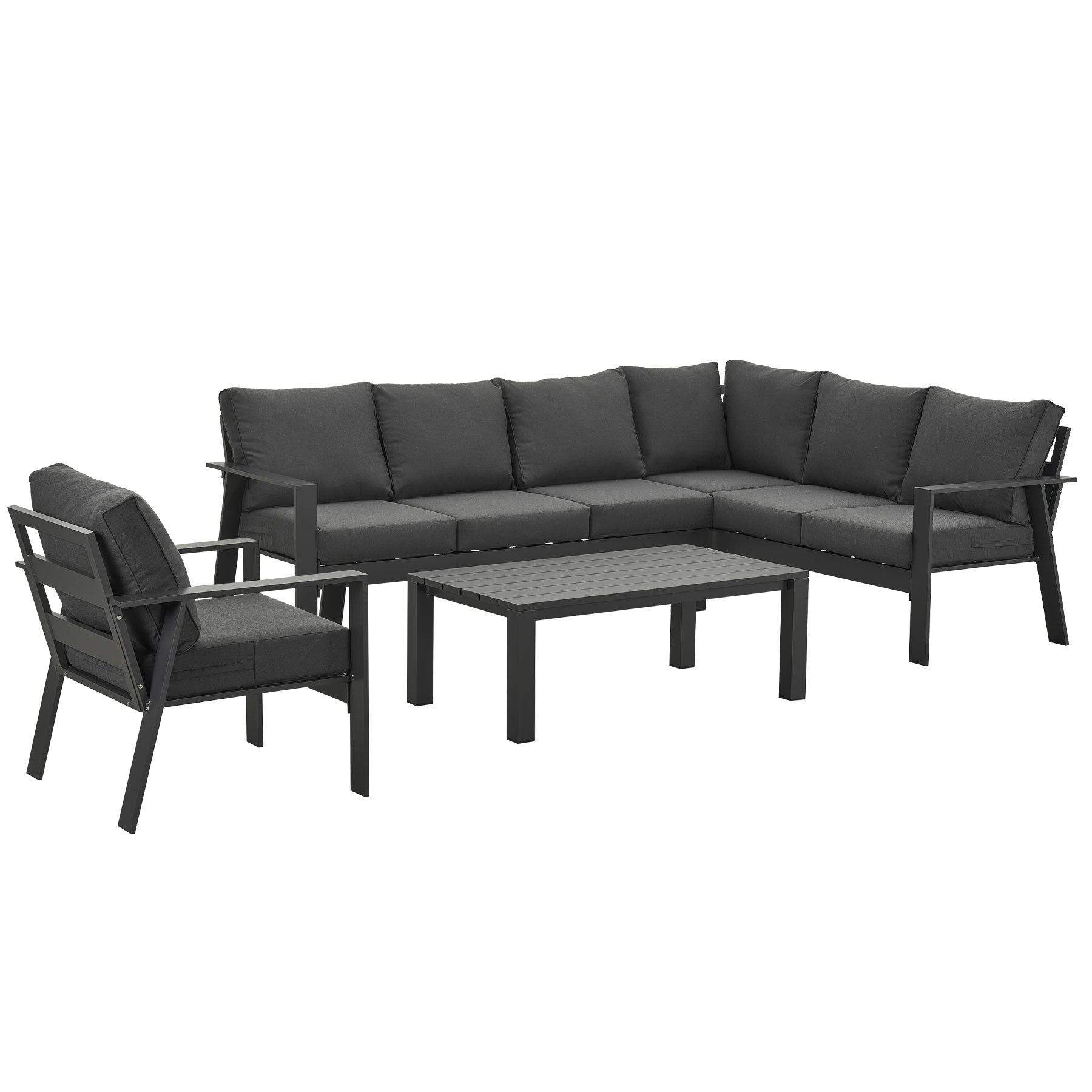 Jervis 7-Seater Charcoal Aluminium Outdoor L-Shaped Lounge Set with Coffee Table - Dark Grey Cushions