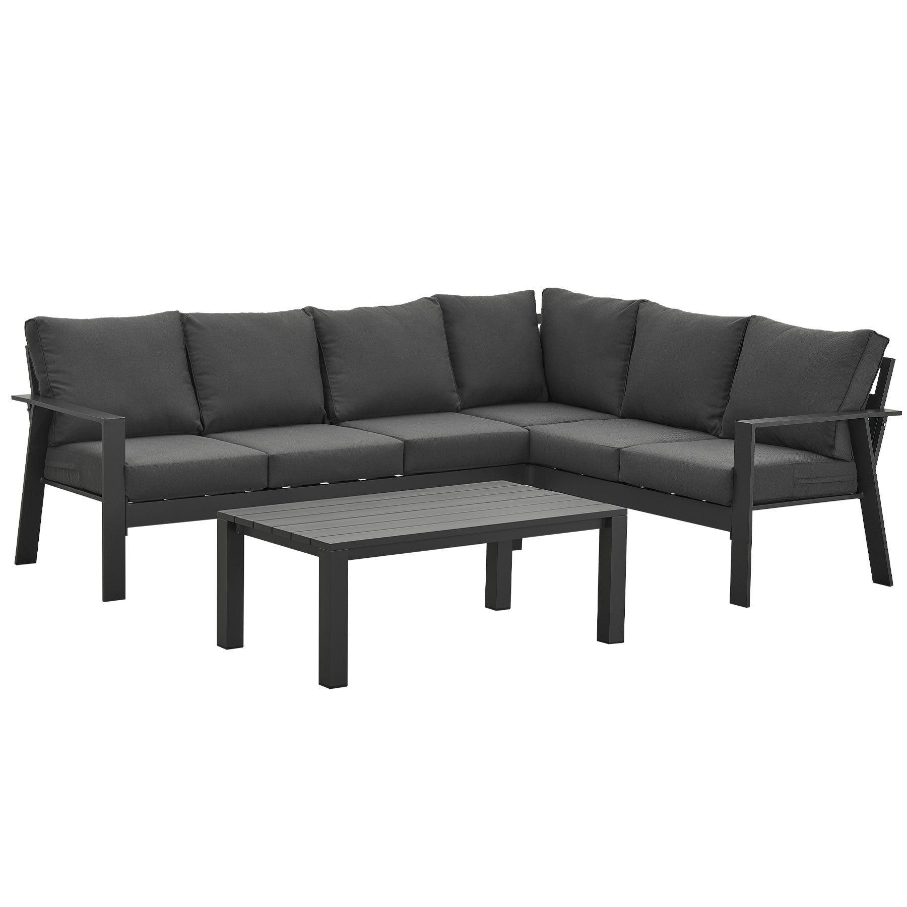 Jervis 6-Seater Charcoal Aluminium Outdoor L-Shaped Lounge Set - Dark Grey Cushions