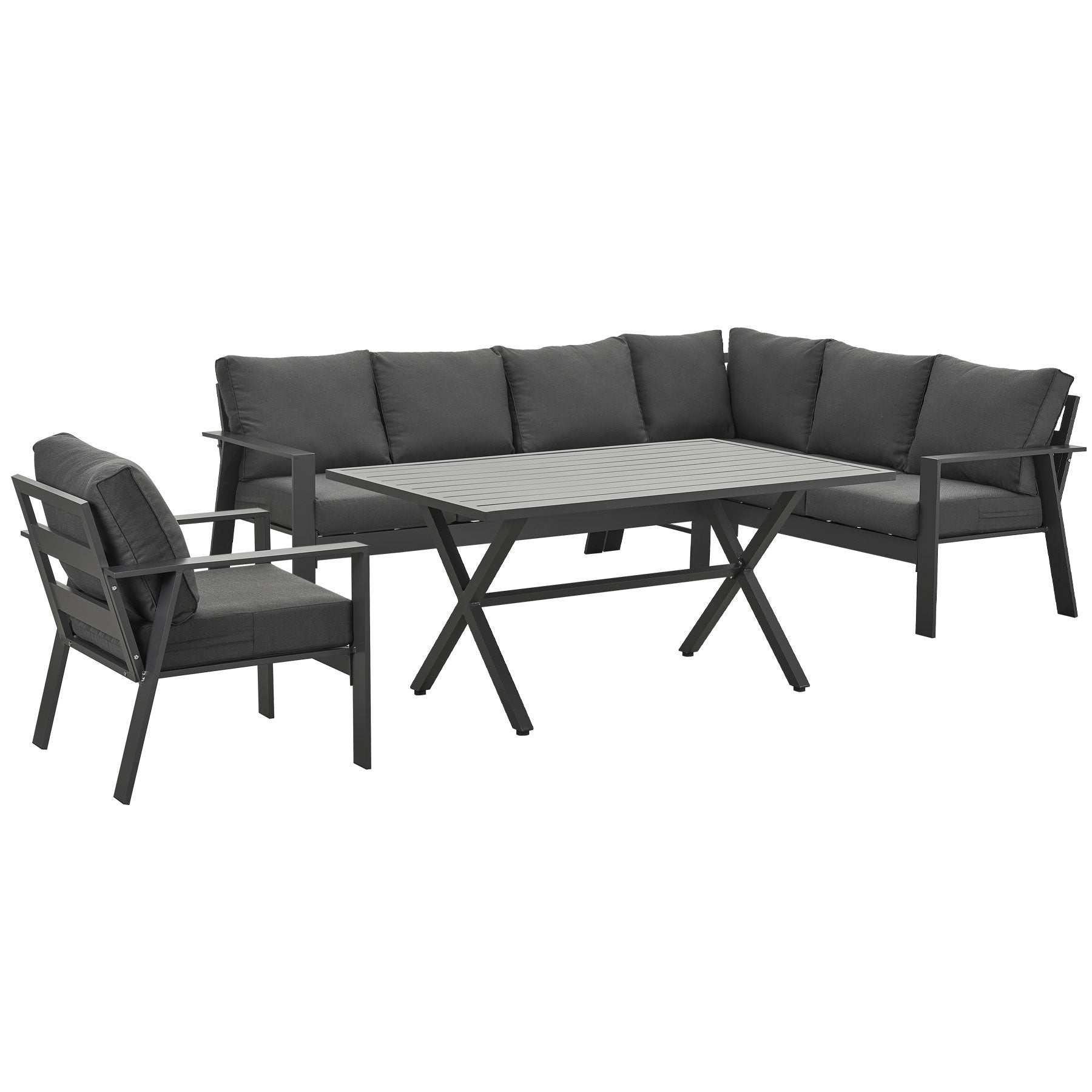 Jervis 2-In-1 Charcoal Aluminium L-Shaped Lounge Dining Set - Dark Grey Cushions