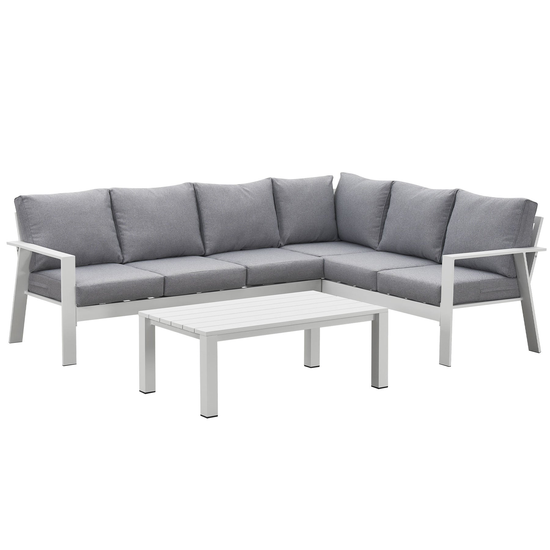 Jervis 6-Seater White Aluminium Outdoor L-Shaped Lounge Set - Pebble Grey Cushions