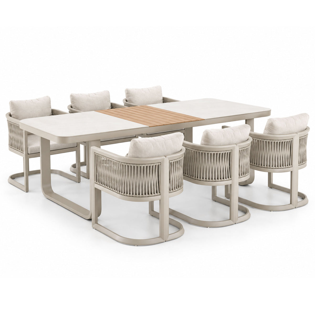 Newport 7-Piece Champagne Aluminium Outdoor Dining Set - Light Beige Cushions
