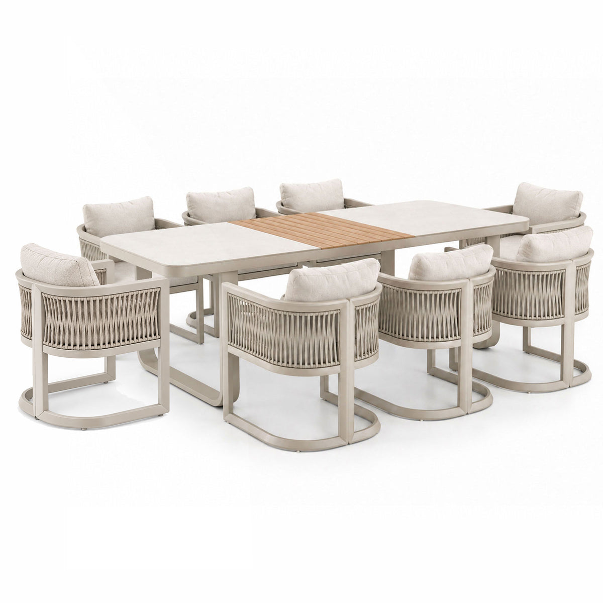 Newport 9-Piece Champagne Aluminium Outdoor Dining Set - Light Beige Cushions