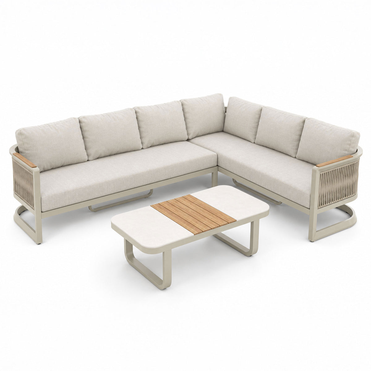 Newport 6-Seater Champagne Aluminium Corner Sofa Lounge Set - Light Beige Cushions