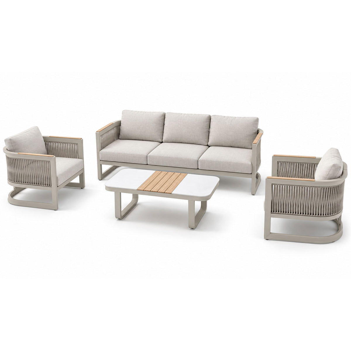 Newport 5-Seater Champagne Aluminium Sofa Lounge Set - Light Beige Cushions