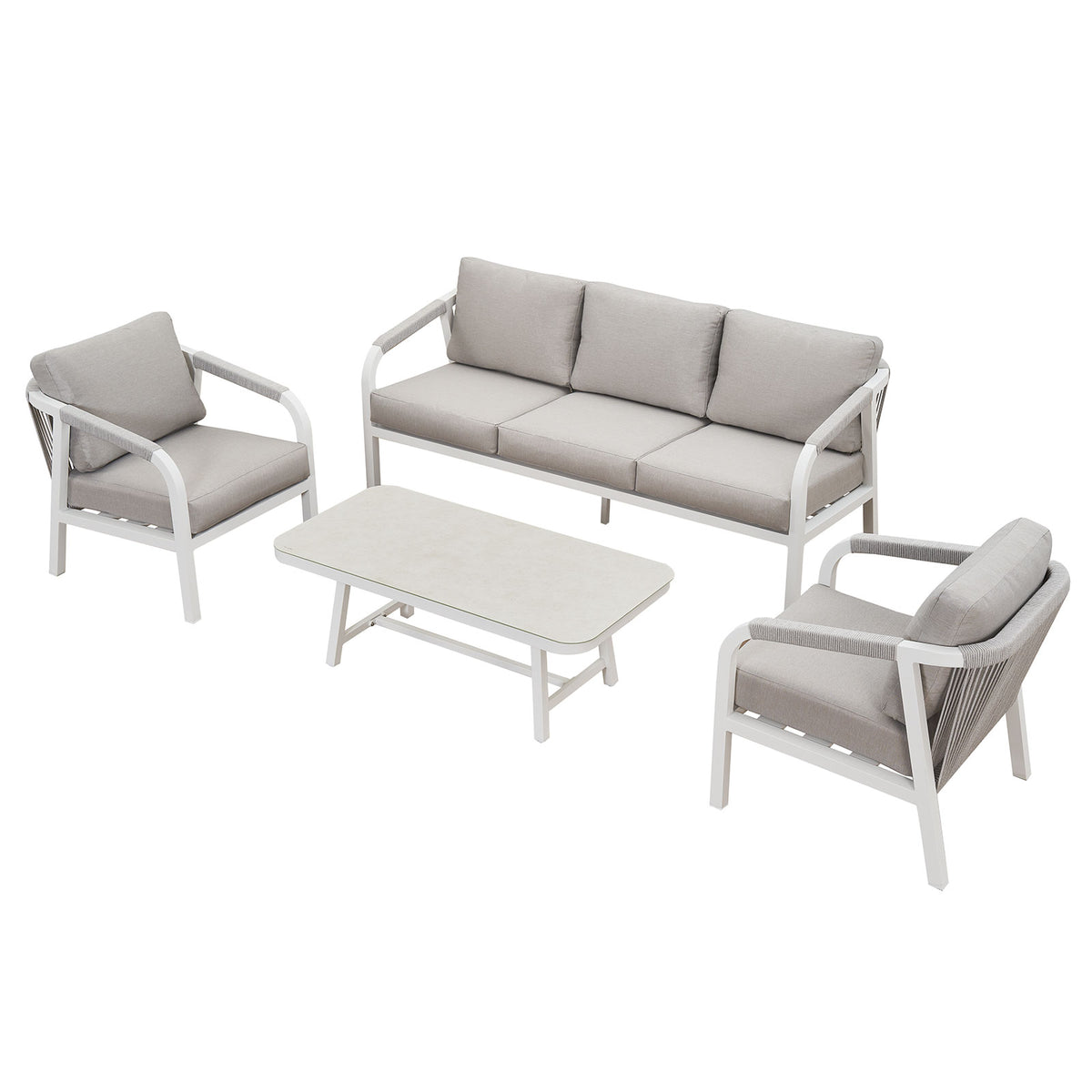 La Perouse 5-Seater White Aluminium Sofa Lounge Set - Light Beige Cushions