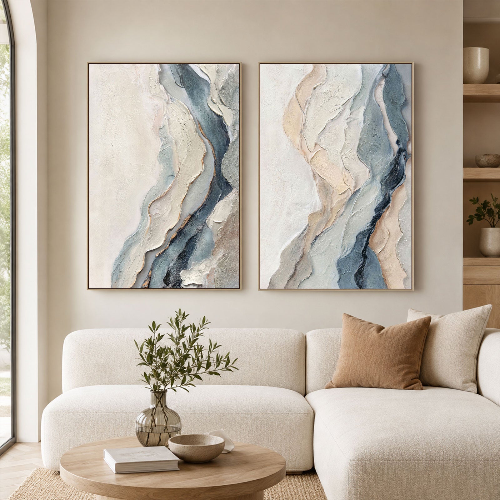 Riverstone I & II Hand-Painted Framed Abstract Canvas Wall Art Set - 80 x 120cm Each