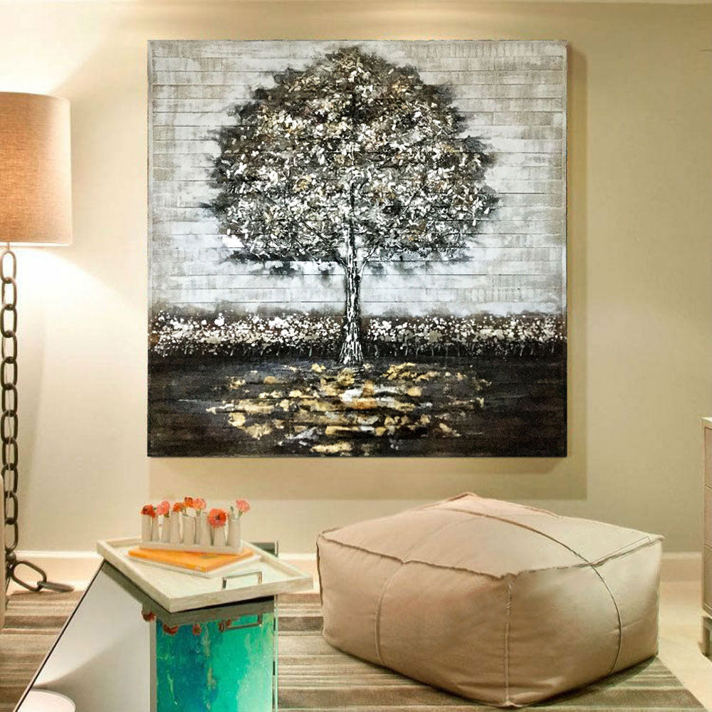 Pallet Wood Oil Painting Hand Painted Abstract Floral / Botanical Wall Art - Silver Ash Tree (101cm x 101cm)