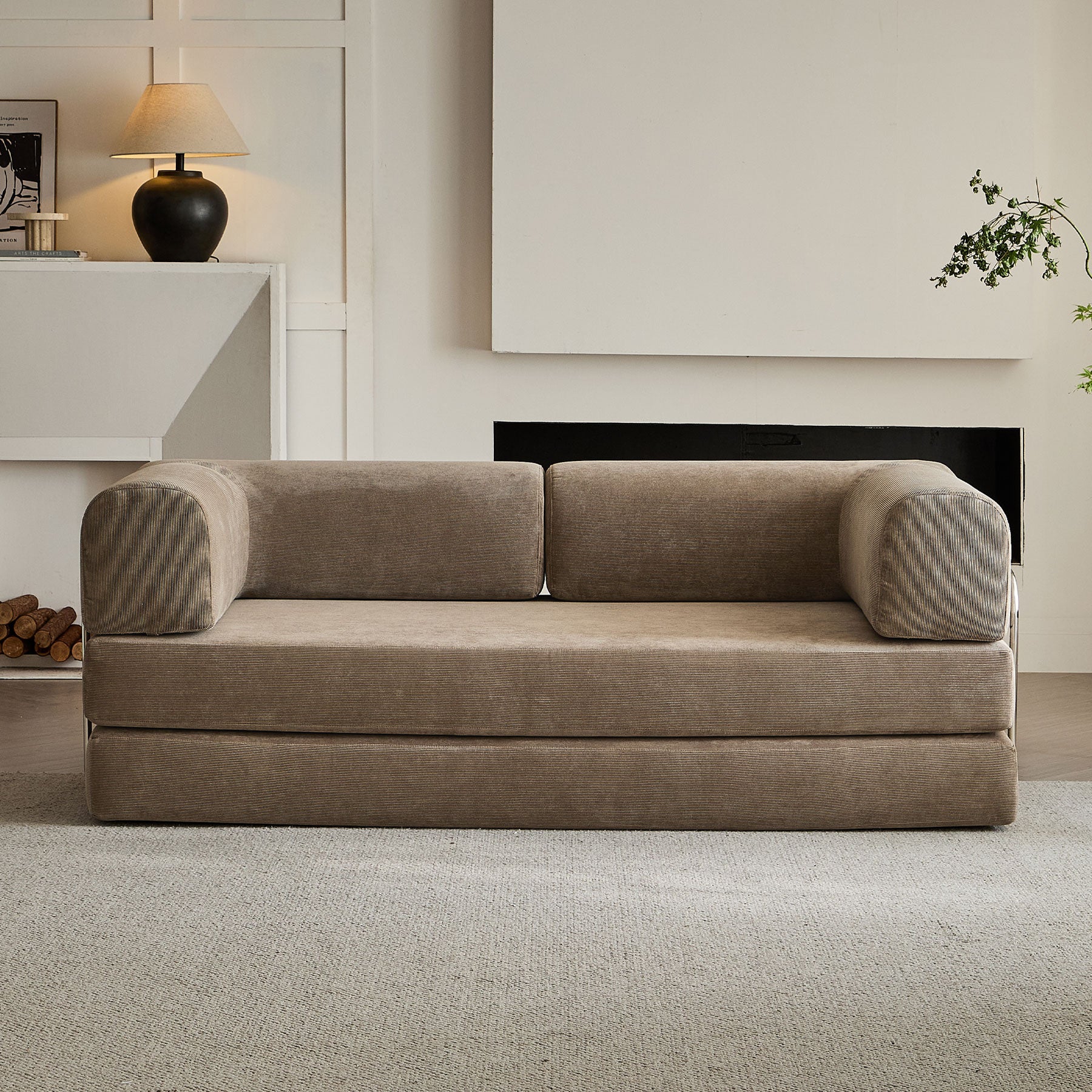 Malone Compression Sofa Bed - Convertible Corduroy Couch in Warm Taupe