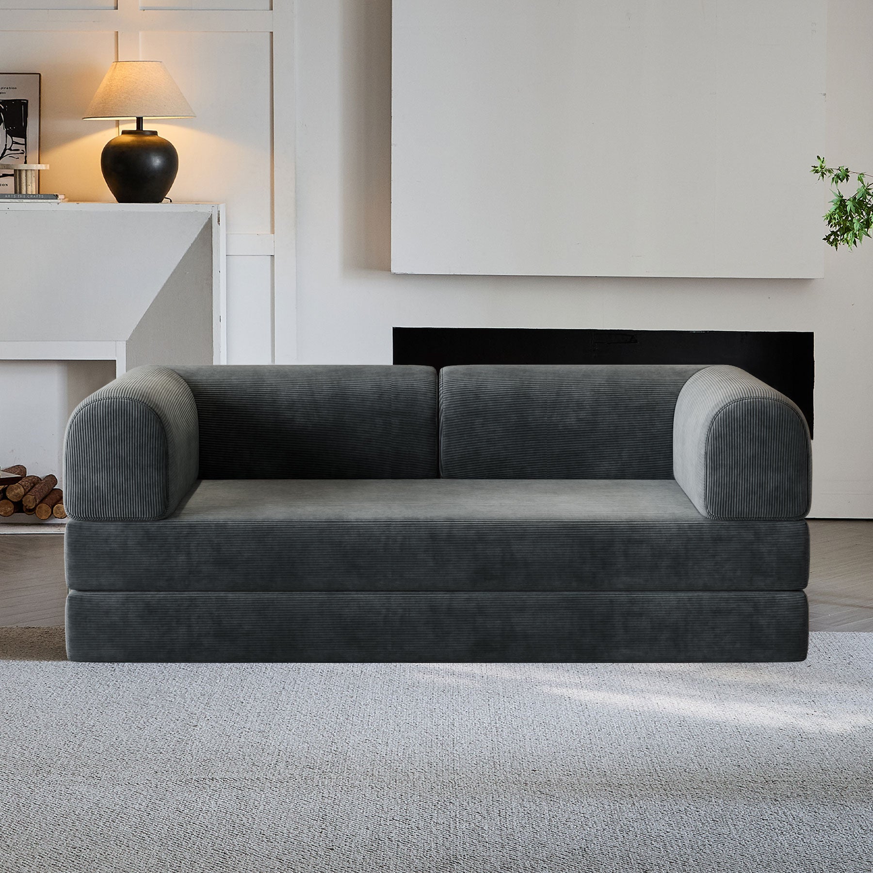 Malone Compression Sofa Bed - Convertible Corduroy Couch in Graphite Grey